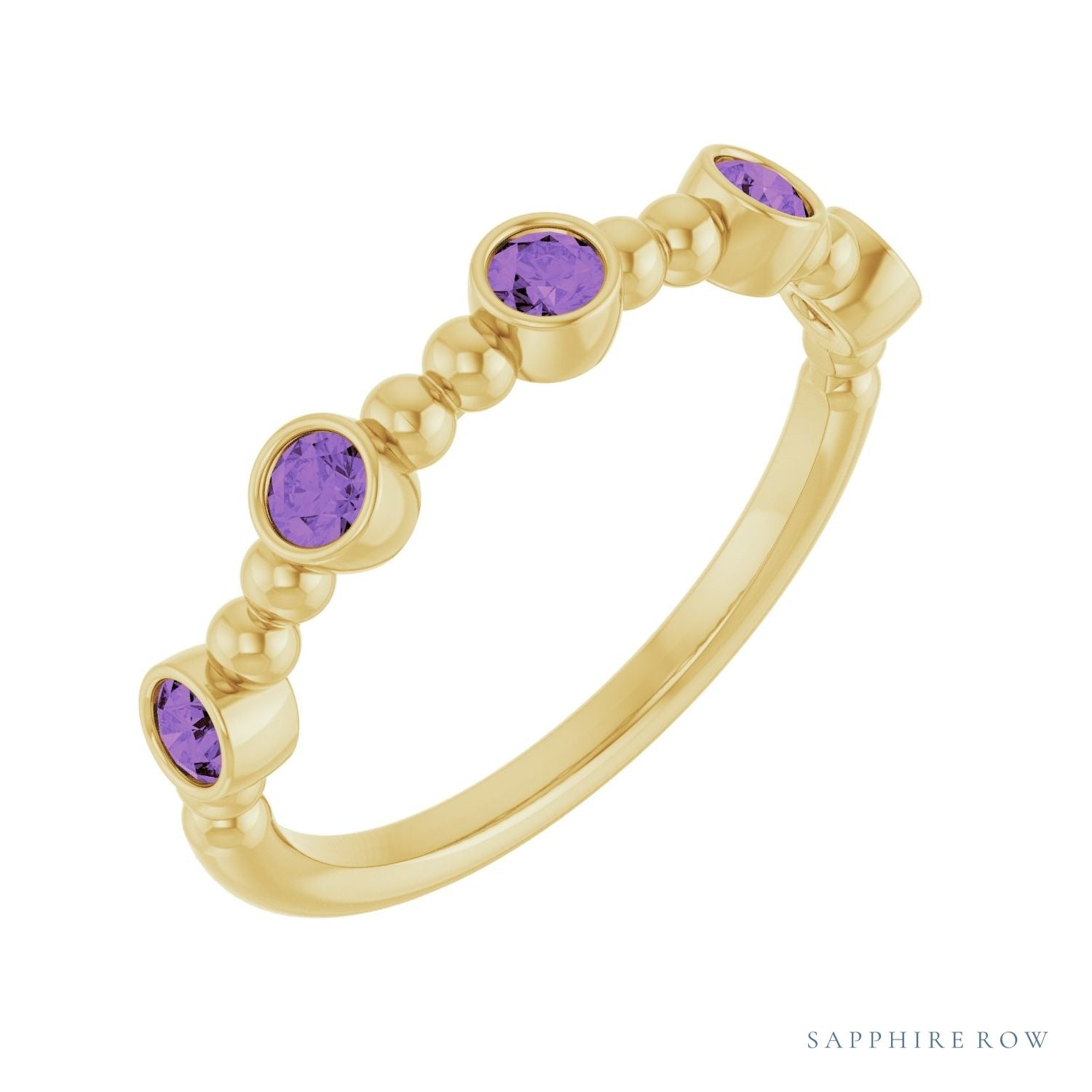 Sapphire Row Natural Gemstone Bead & Bezel Stacking Ring - Amethyst, 14K Yellow Gold