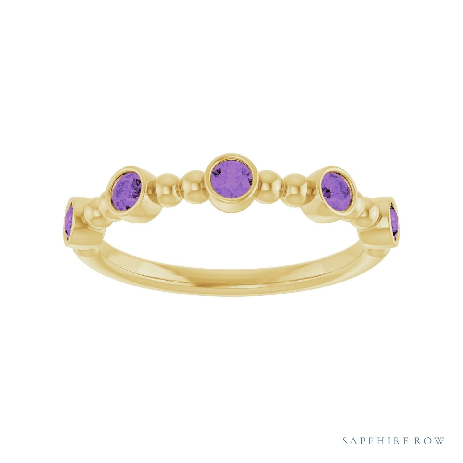 Sapphire Row Natural Gemstone Bead & Bezel Stacking Ring - Amethyst, 14K Yellow Gold (view 3)