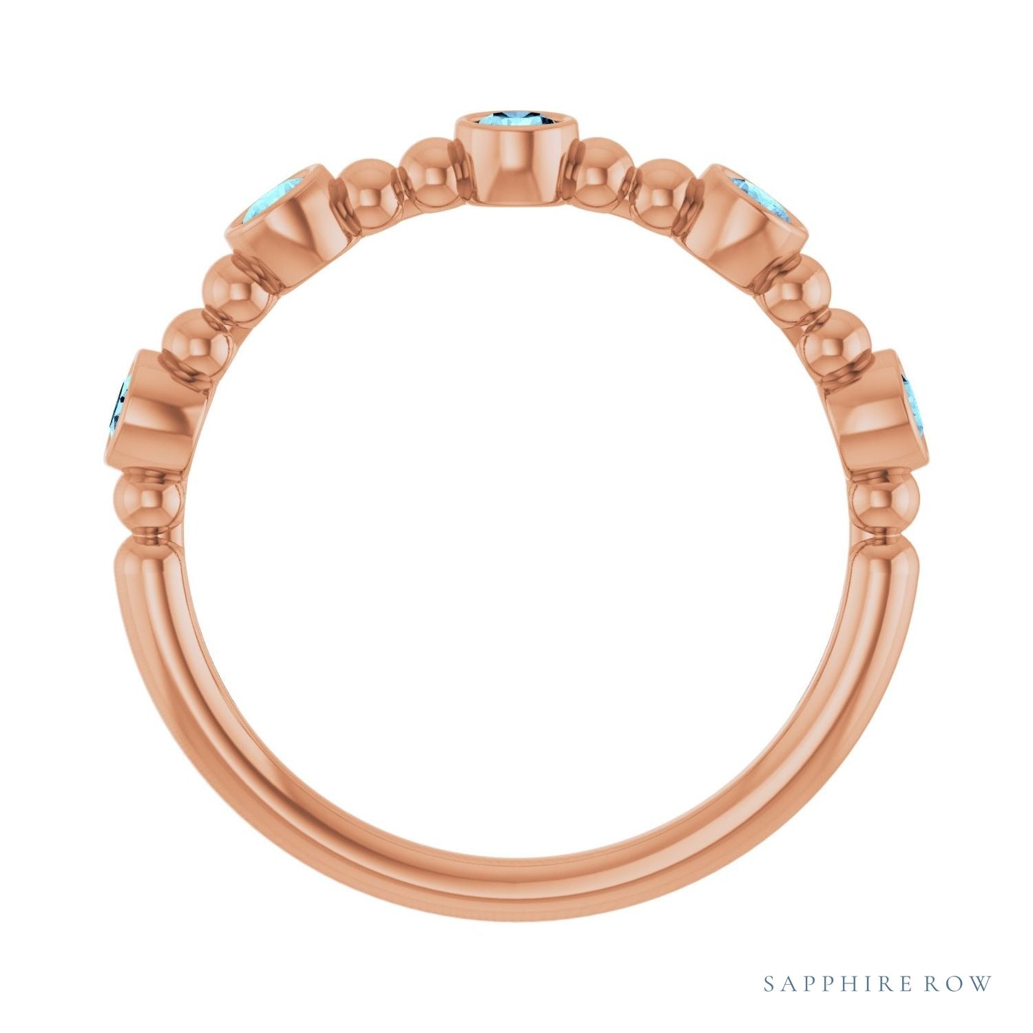 Sapphire Row Natural Gemstone Bead & Bezel Stacking Ring - Aquamarine, 14K Rose Gold (view 2)