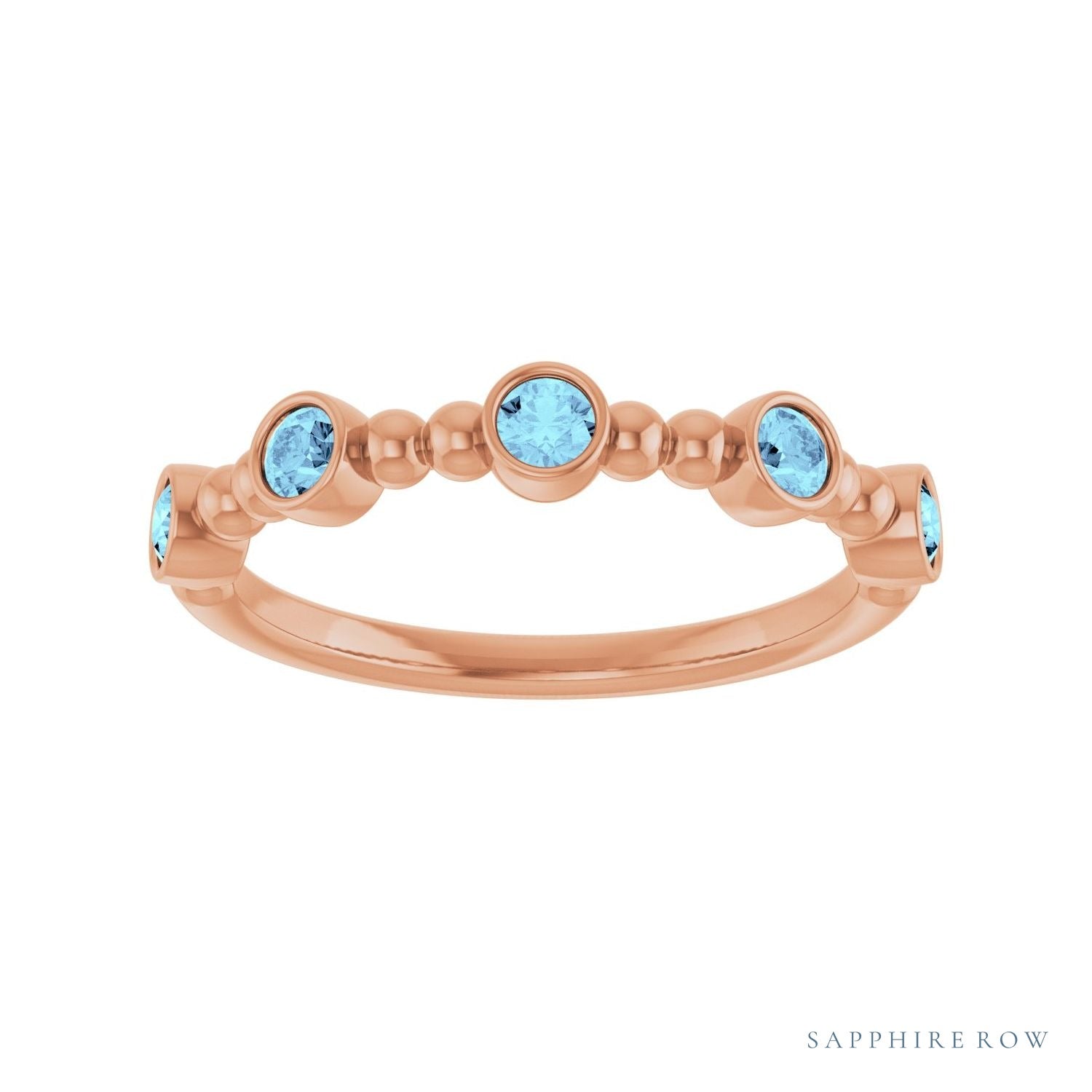 Sapphire Row Natural Gemstone Bead & Bezel Stacking Ring - Aquamarine, 14K Rose Gold (view 3)