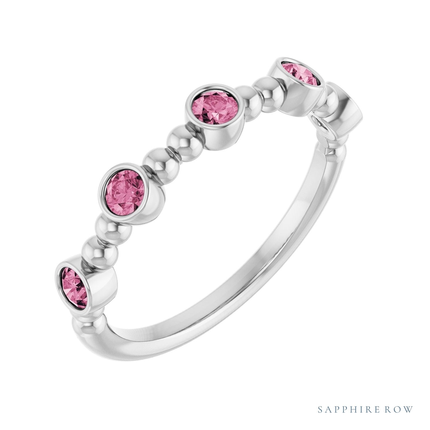 Sapphire Row Natural Gemstone Bead & Bezel Stacking Ring - Pink Tourmaline, Platinum