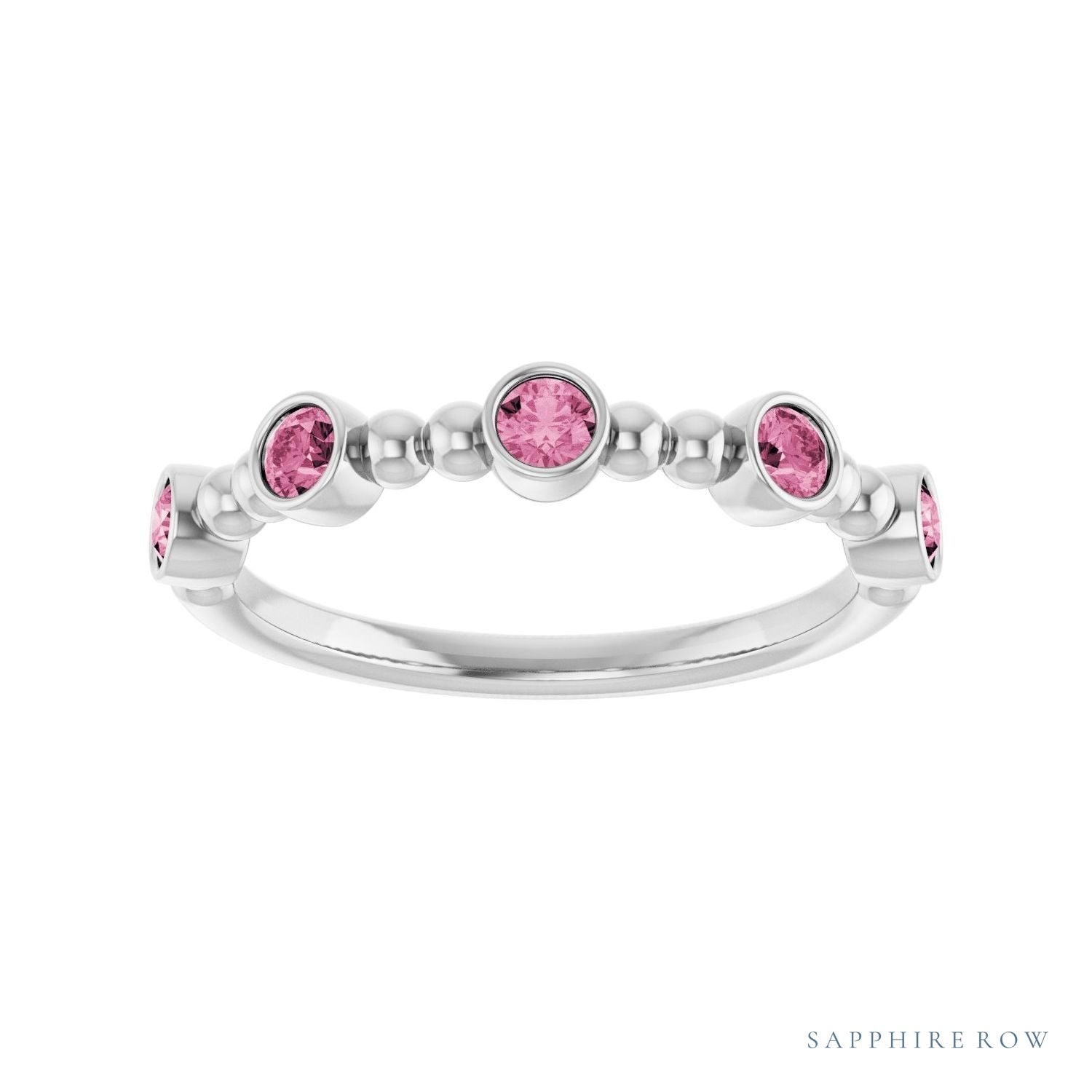 Sapphire Row Natural Gemstone Bead & Bezel Stacking Ring - Pink Tourmaline, Platinum (view 3)