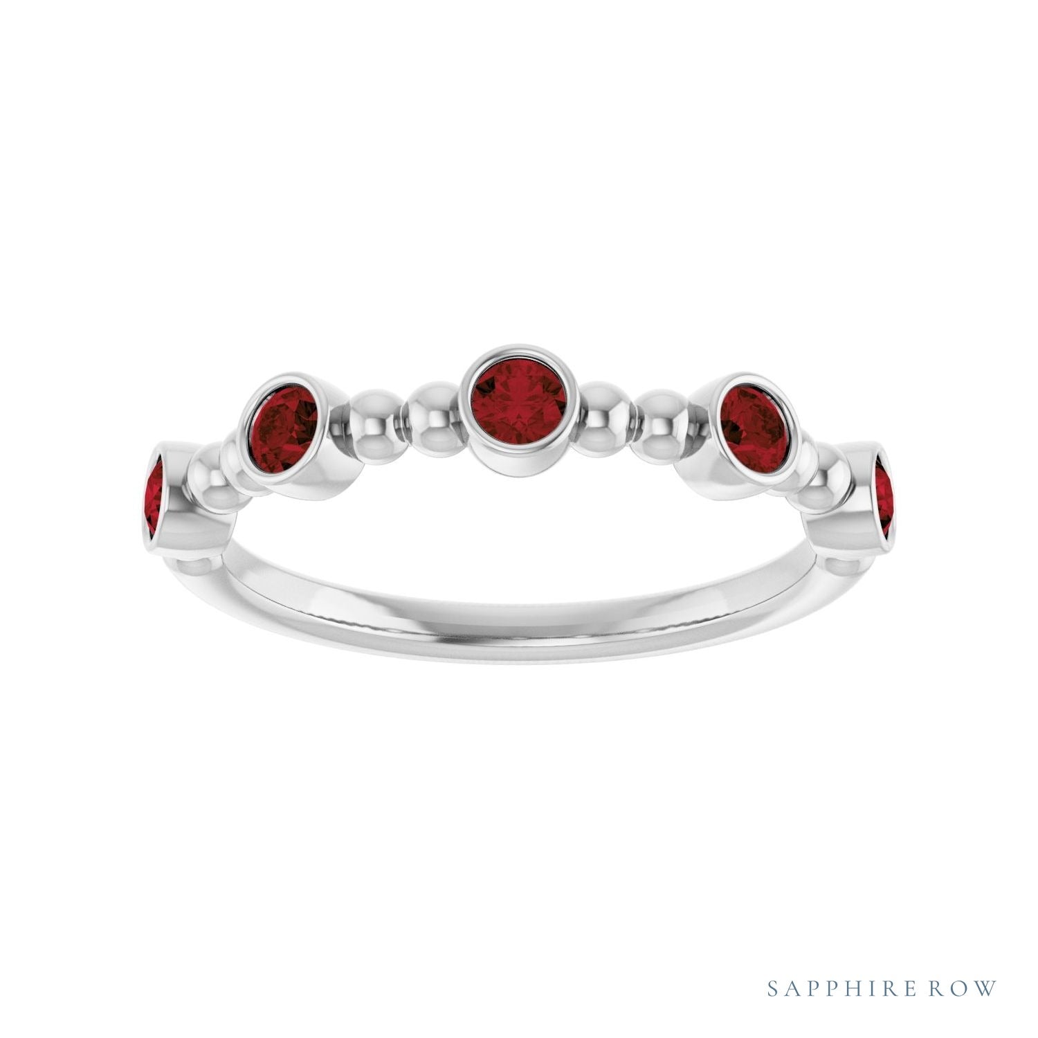Sapphire Row Natural Gemstone Bead & Bezel Stacking Ring - Mozambique Garnet, 14K White Gold (view 3)