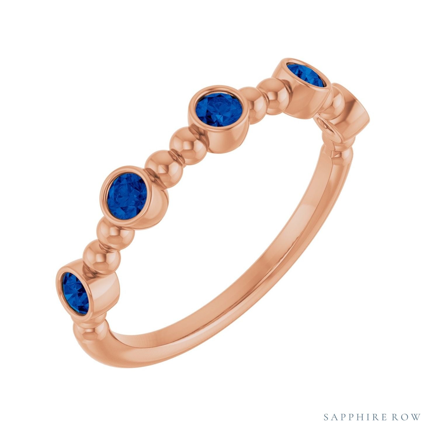 Sapphire Row Natural Gemstone Bead & Bezel Stacking Ring - Blue Sapphire, 14K Rose Gold