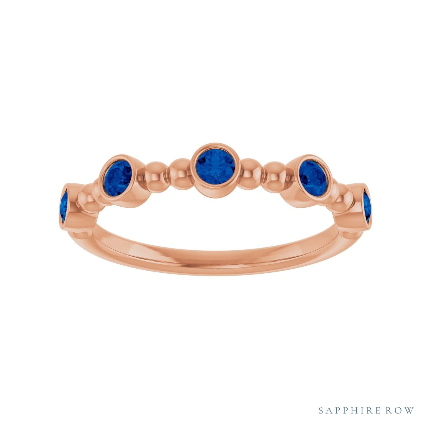 Sapphire Row Natural Gemstone Bead & Bezel Stacking Ring - Blue Sapphire, 14K Rose Gold (view 3)