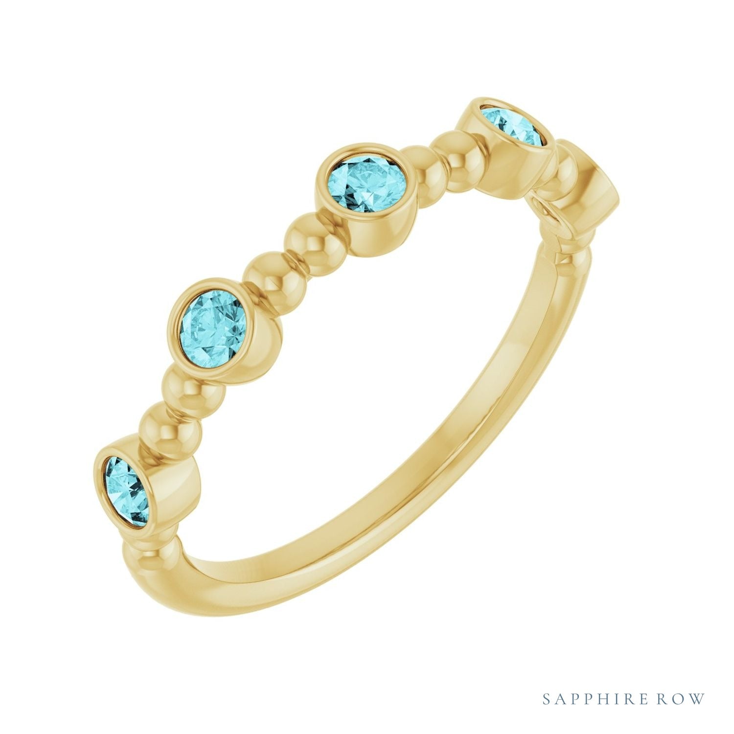 Sapphire Row Natural Gemstone Bead & Bezel Stacking Ring - Blue Zircon, 14K Yellow Gold