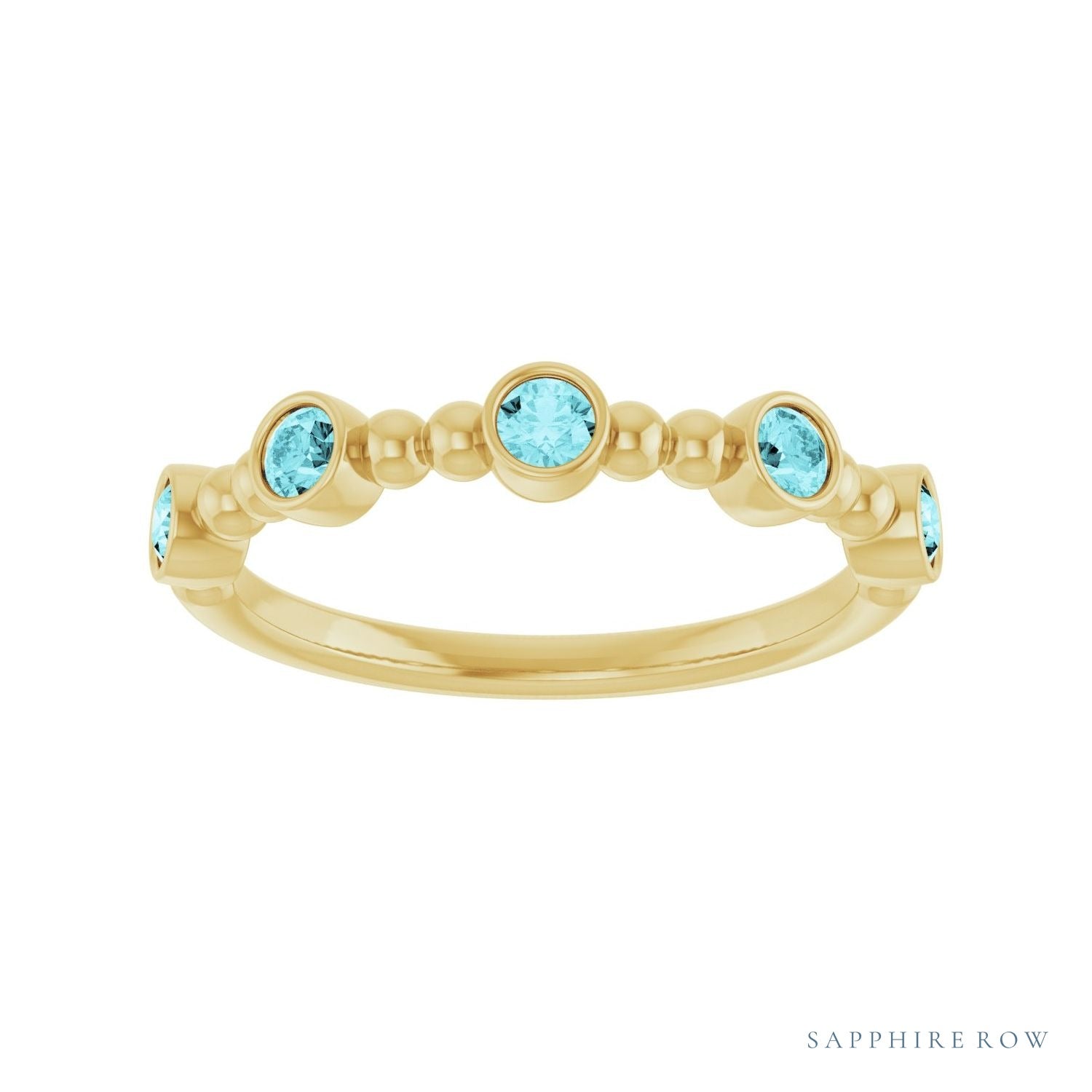 Sapphire Row Natural Gemstone Bead & Bezel Stacking Ring - Blue Zircon, 14K Yellow Gold (view 3)