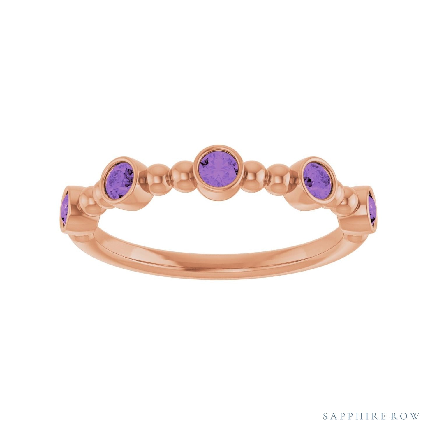 Sapphire Row Natural Gemstone Bead & Bezel Stacking Ring - Amethyst, 14K Rose Gold (view 3)