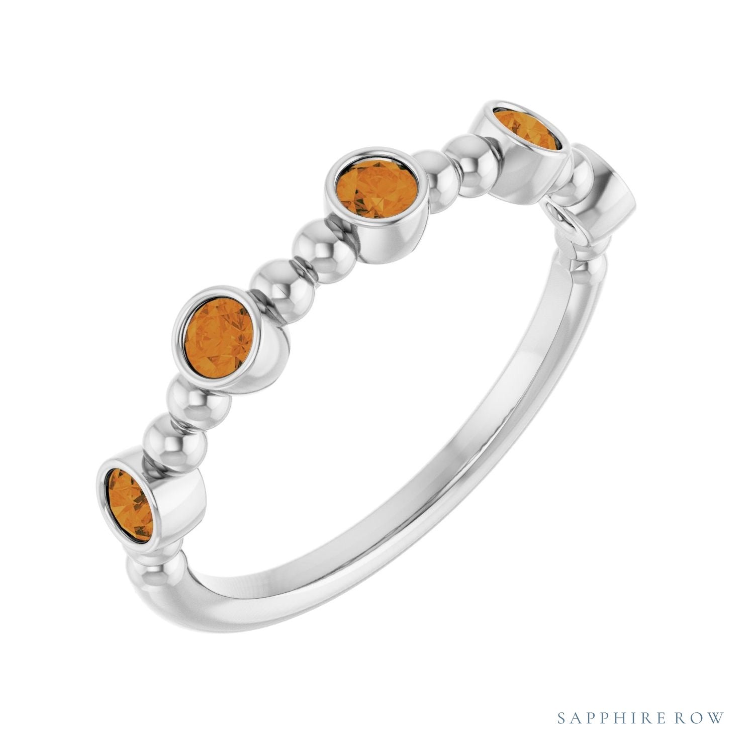 Sapphire Row Natural Gemstone Bead & Bezel Stacking Ring - Citrine, 14K White Gold