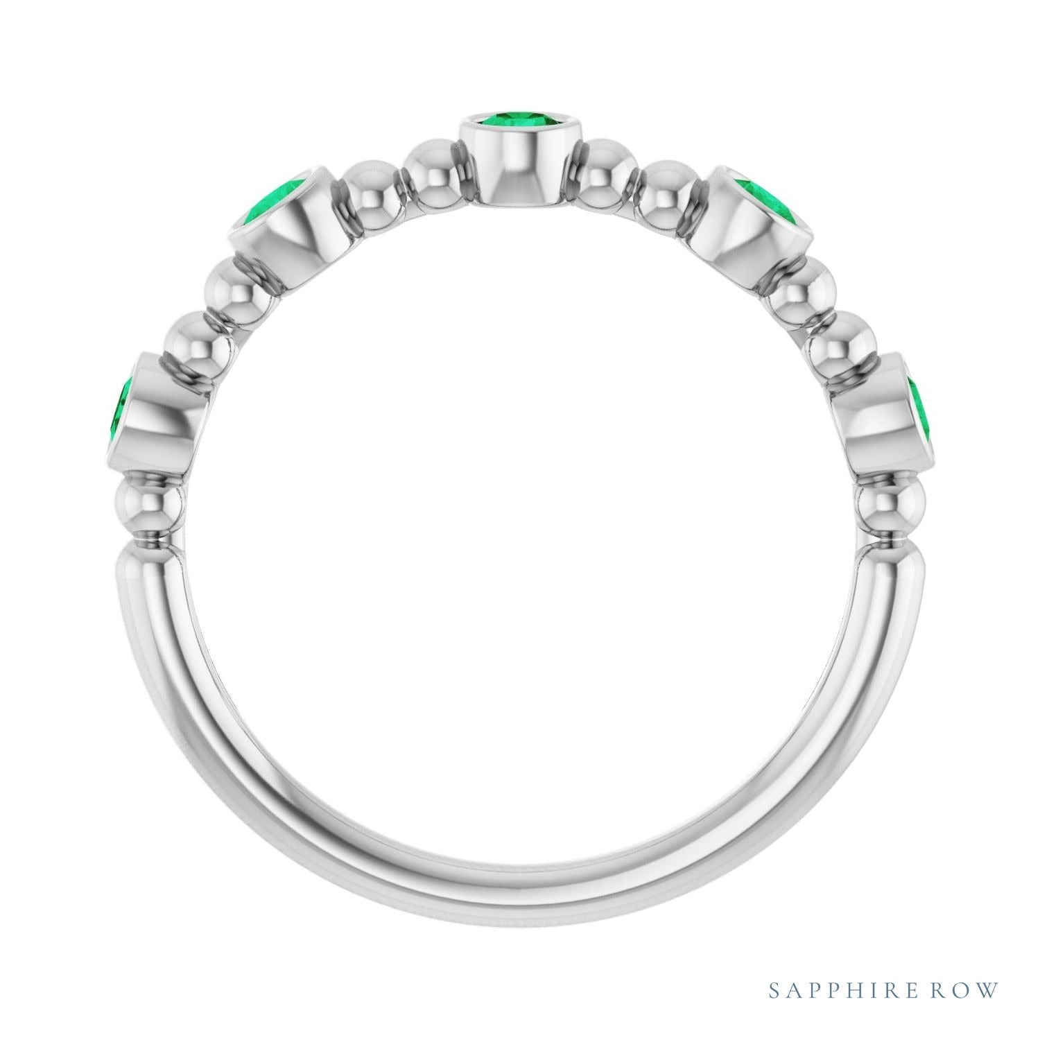 Sapphire Row Natural Gemstone Bead & Bezel Stacking Ring - Emerald, 14K White Gold (view 2)