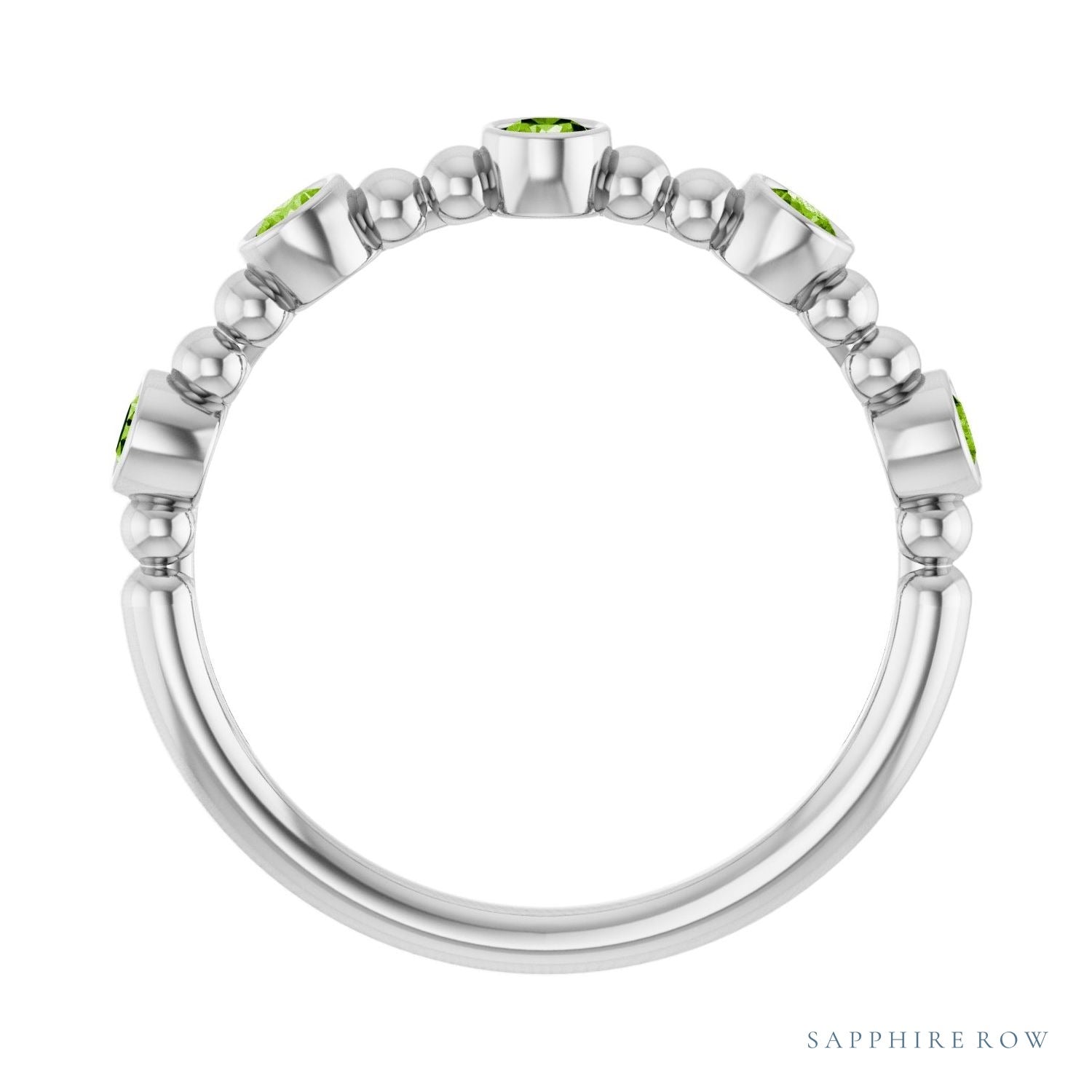Sapphire Row Natural Gemstone Bead & Bezel Stacking Ring - Peridot, 14K White Gold (view 2)