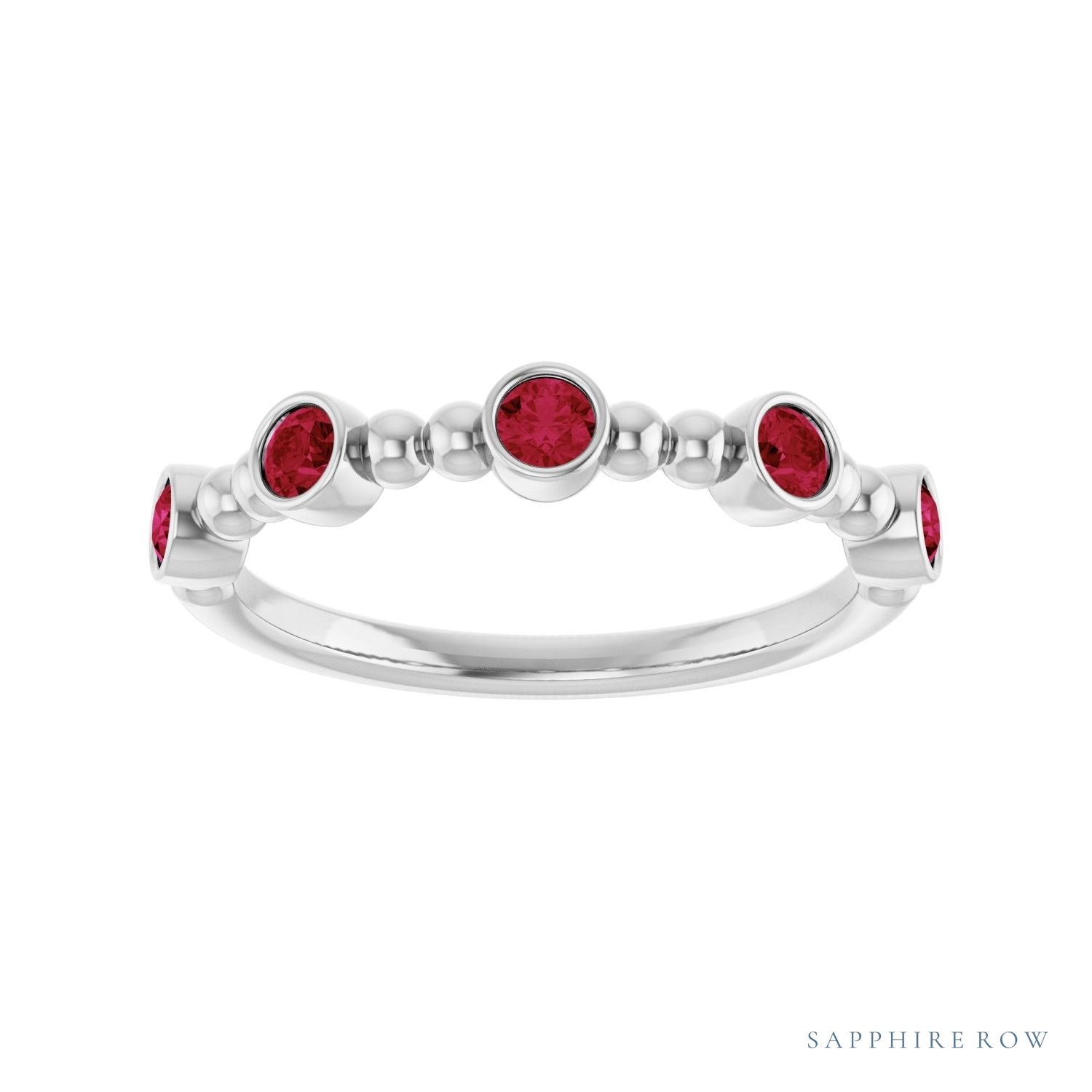 Sapphire Row Lab-Grown Gemstone Bead & Bezel Stacking Ring - Ruby, 14K White Gold (view 3)