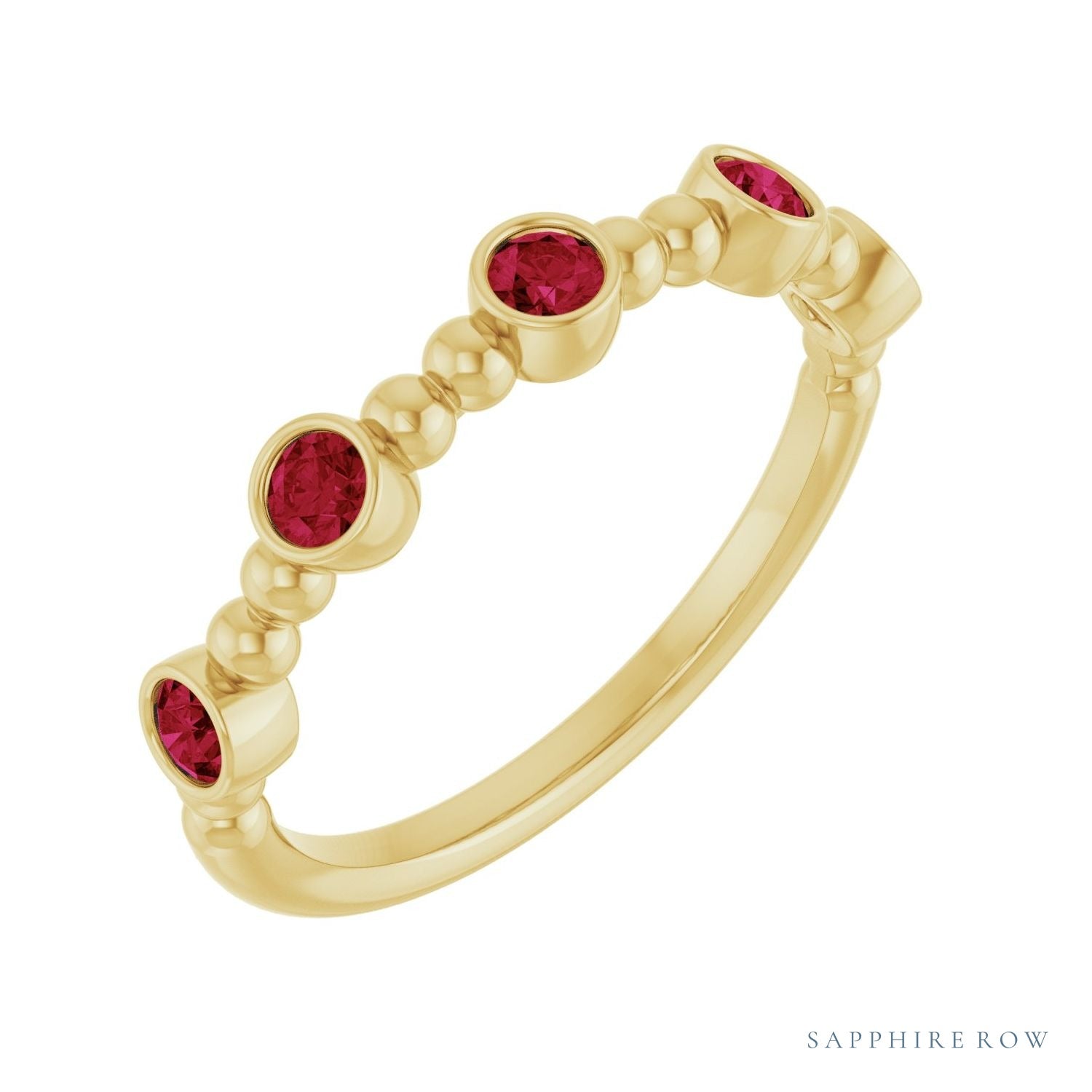 Sapphire Row Lab-Grown Gemstone Bead & Bezel Stacking Ring - Ruby, 14K Yellow Gold