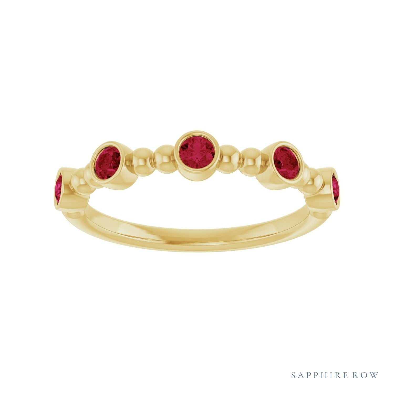 Sapphire Row Lab-Grown Gemstone Bead & Bezel Stacking Ring - Ruby, 14K Yellow Gold (view 3)