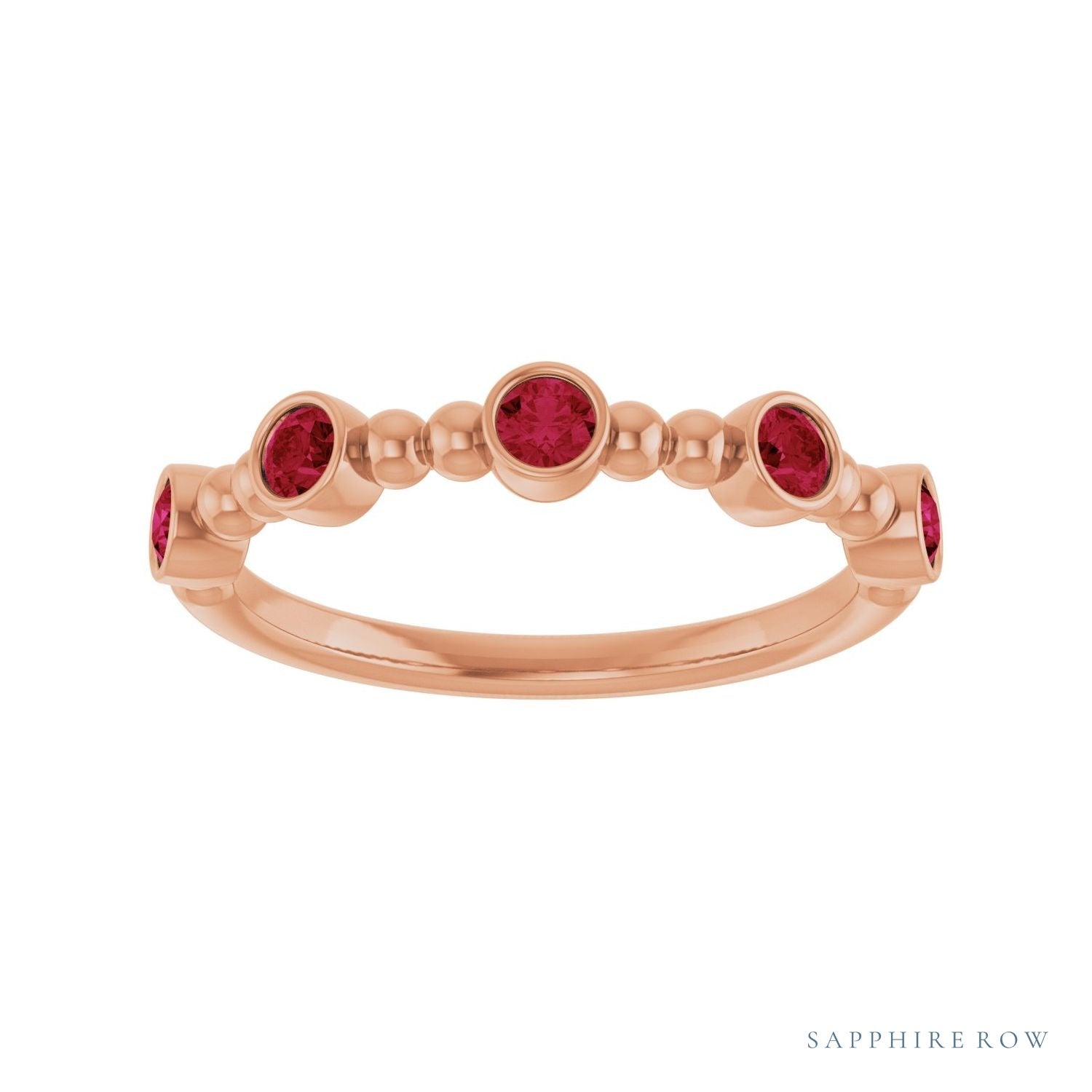 Sapphire Row Lab-Grown Gemstone Bead & Bezel Stacking Ring - Ruby, 14K Rose Gold (view 3)