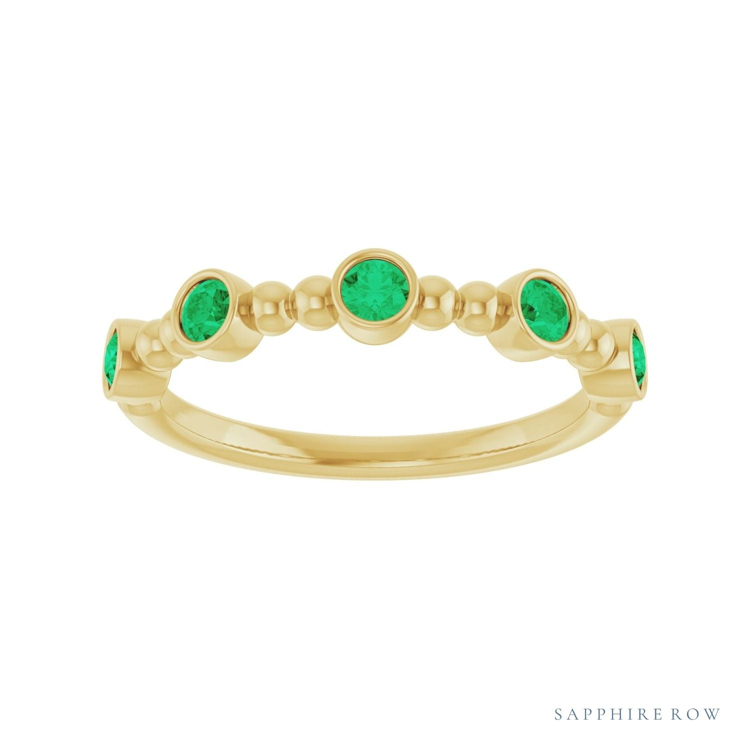Sapphire Row Lab-Grown Gemstone Bead & Bezel Stacking Ring - Emerald, 14K Yellow Gold (view 3)