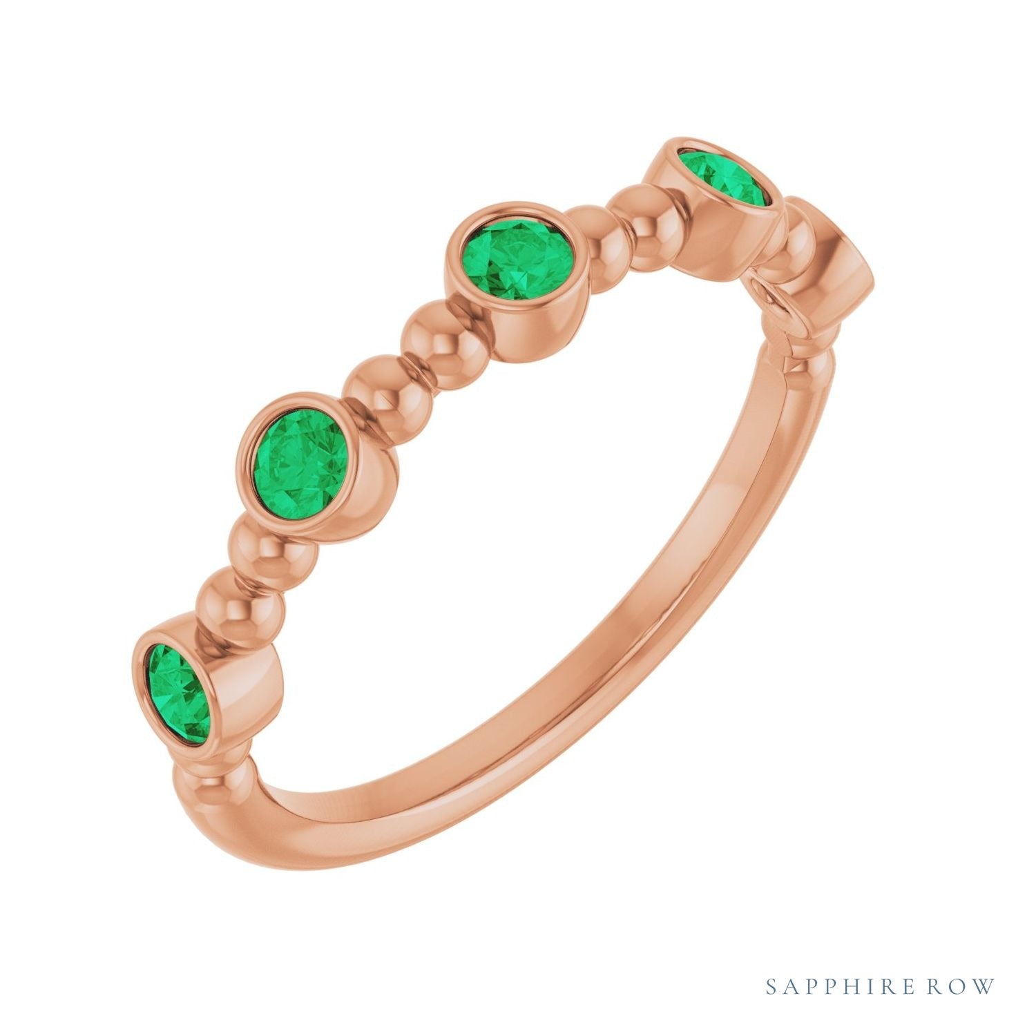 Sapphire Row Lab-Grown Gemstone Bead & Bezel Stacking Ring - Emerald, 14K Rose Gold