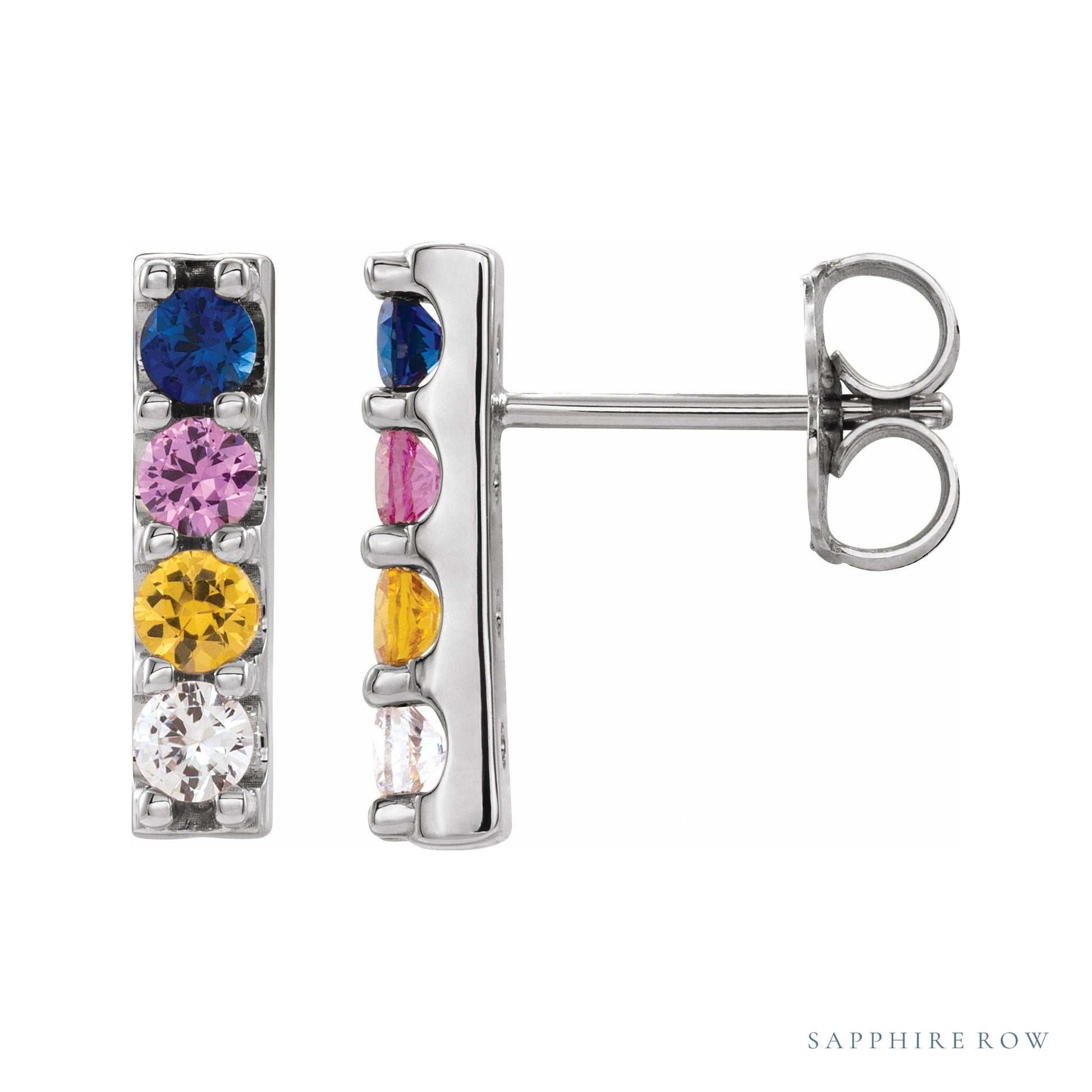 Sapphire Row Natural Multi-Gemstone Bar Earrings - 14K White Gold
