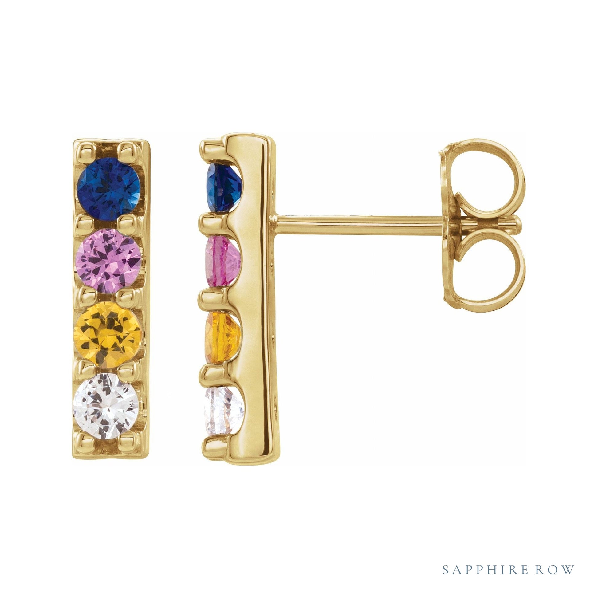 Sapphire Row Natural Multi-Gemstone Bar Earrings - 14K Yellow Gold