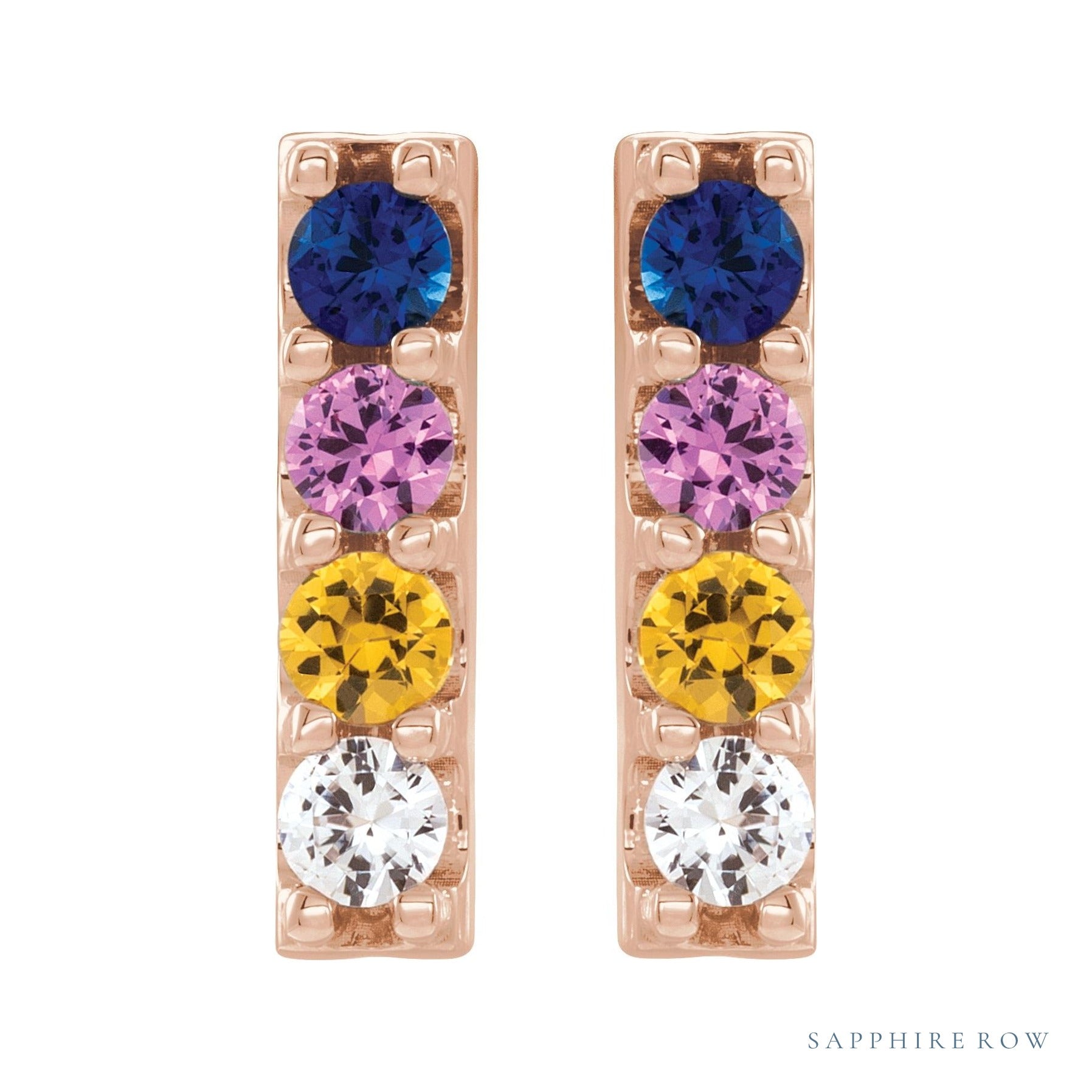 Sapphire Row Natural Multi-Gemstone Bar Earrings - 14K Rose Gold (view 2)