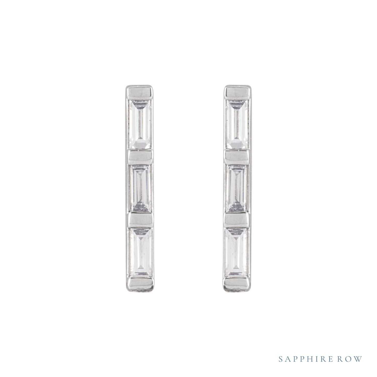 Sapphire Row Natural Diamond Baguette Bar Earrings - 14K White Gold, 1/8 CTW (view 2)