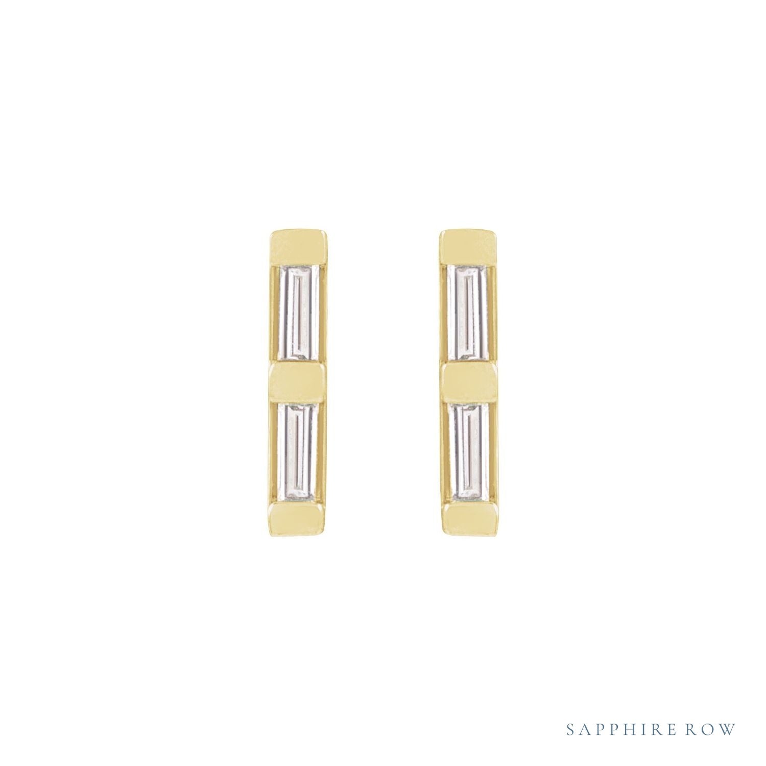 Sapphire Row Natural Diamond Baguette Bar Earrings - 14K Yellow Gold, .08 CTW (view 2)