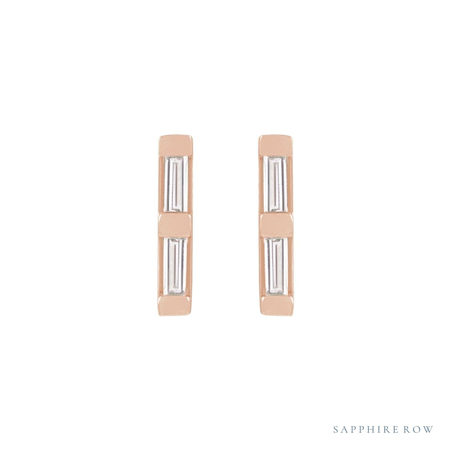 Sapphire Row Natural Diamond Baguette Bar Earrings - 14K Rose Gold, .08 CTW (view 2)