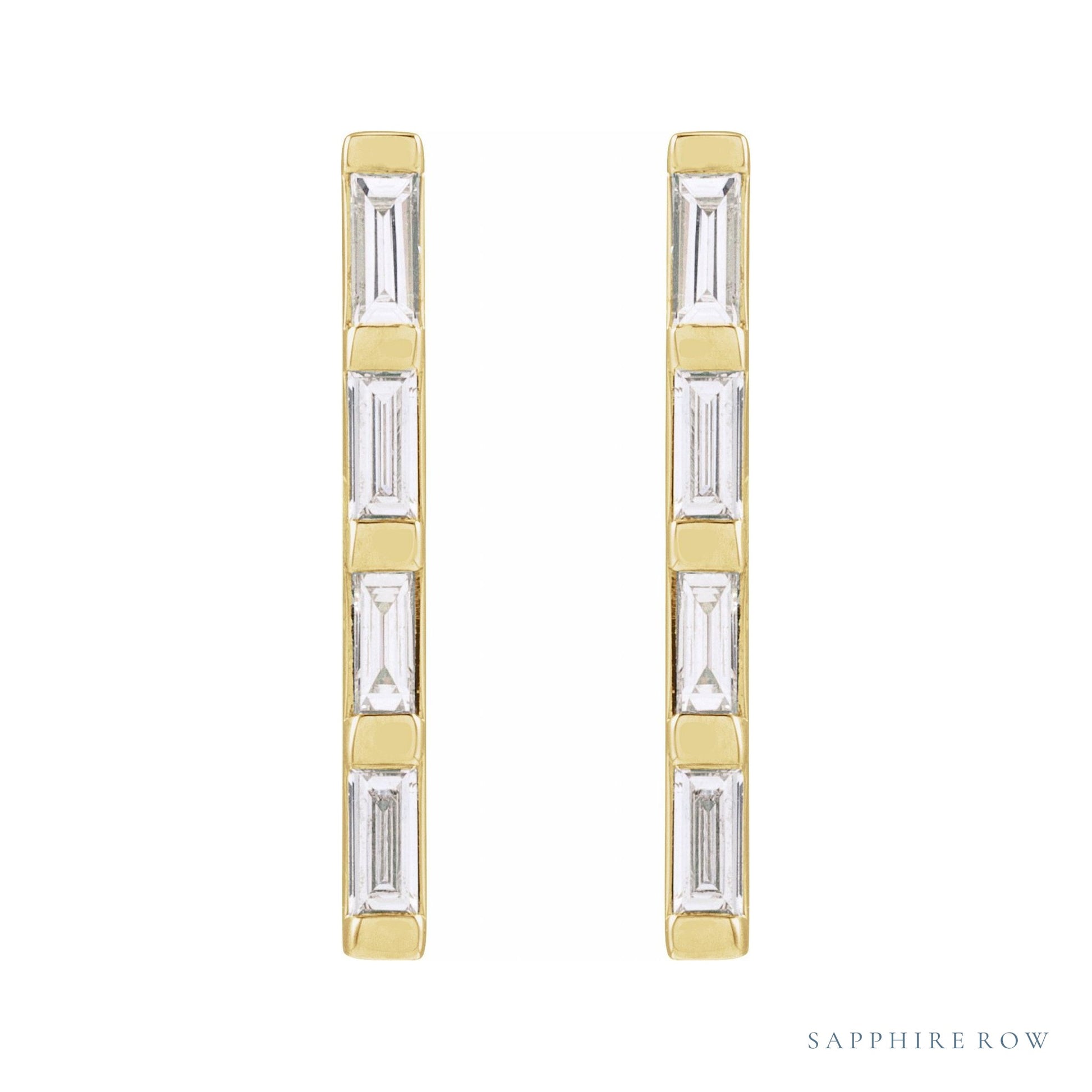 Sapphire Row Natural Diamond Baguette Bar Earrings - 14K Yellow Gold, 1/6 CTW (view 2)