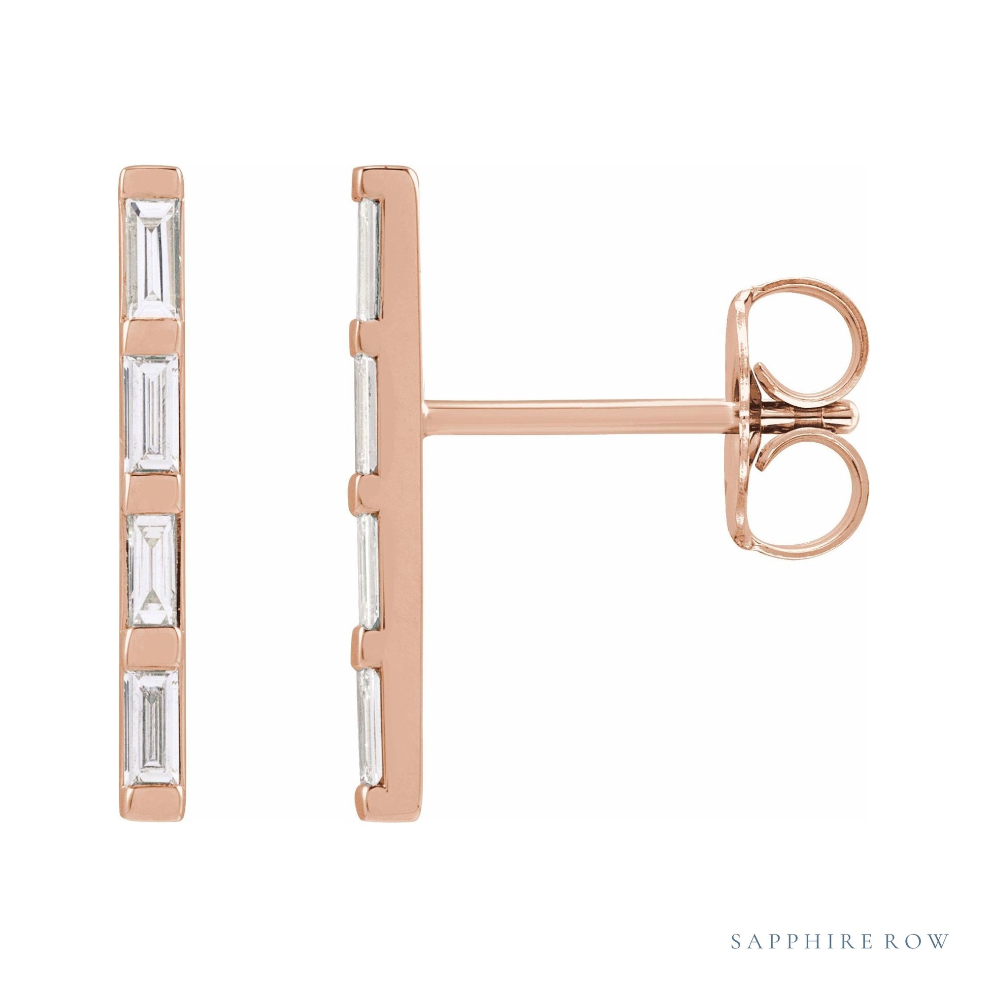 Sapphire Row Natural Diamond Baguette Bar Earrings - 14K Rose Gold, 1/6 CTW