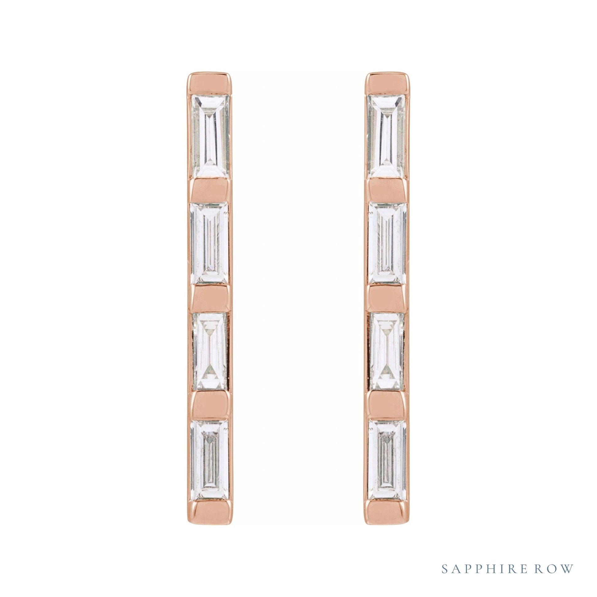 Sapphire Row Natural Diamond Baguette Bar Earrings - 14K Rose Gold, 1/6 CTW (view 2)