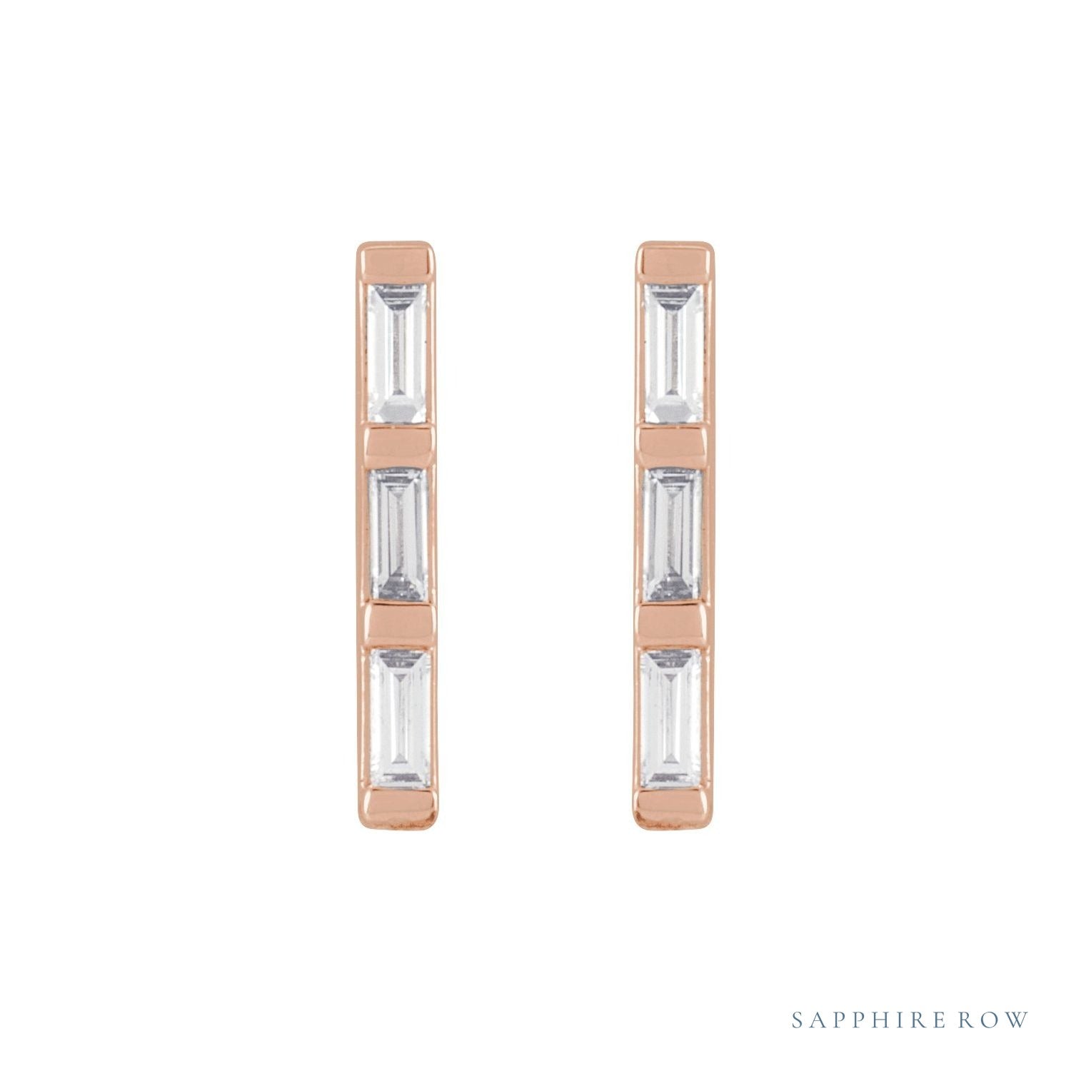 Sapphire Row Natural Diamond Baguette Bar Earrings - 14K Rose Gold, 1/8 CTW (view 2)