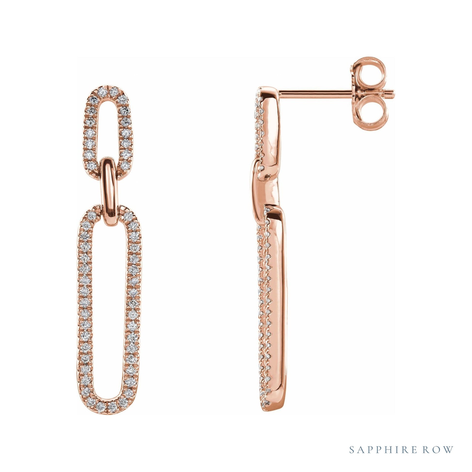 Sapphire Row Natural Diamond Long Link Earrings - 14K Rose Gold