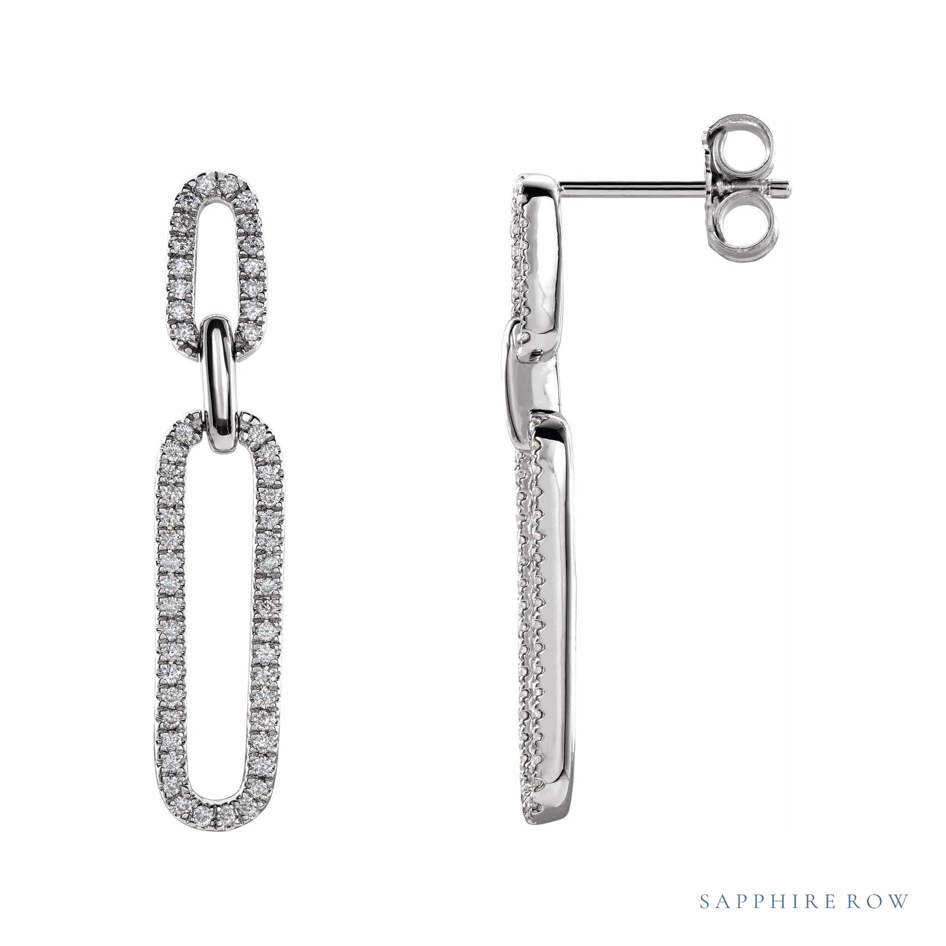 Sapphire Row Natural Diamond Long Link Earrings - 14K White Gold