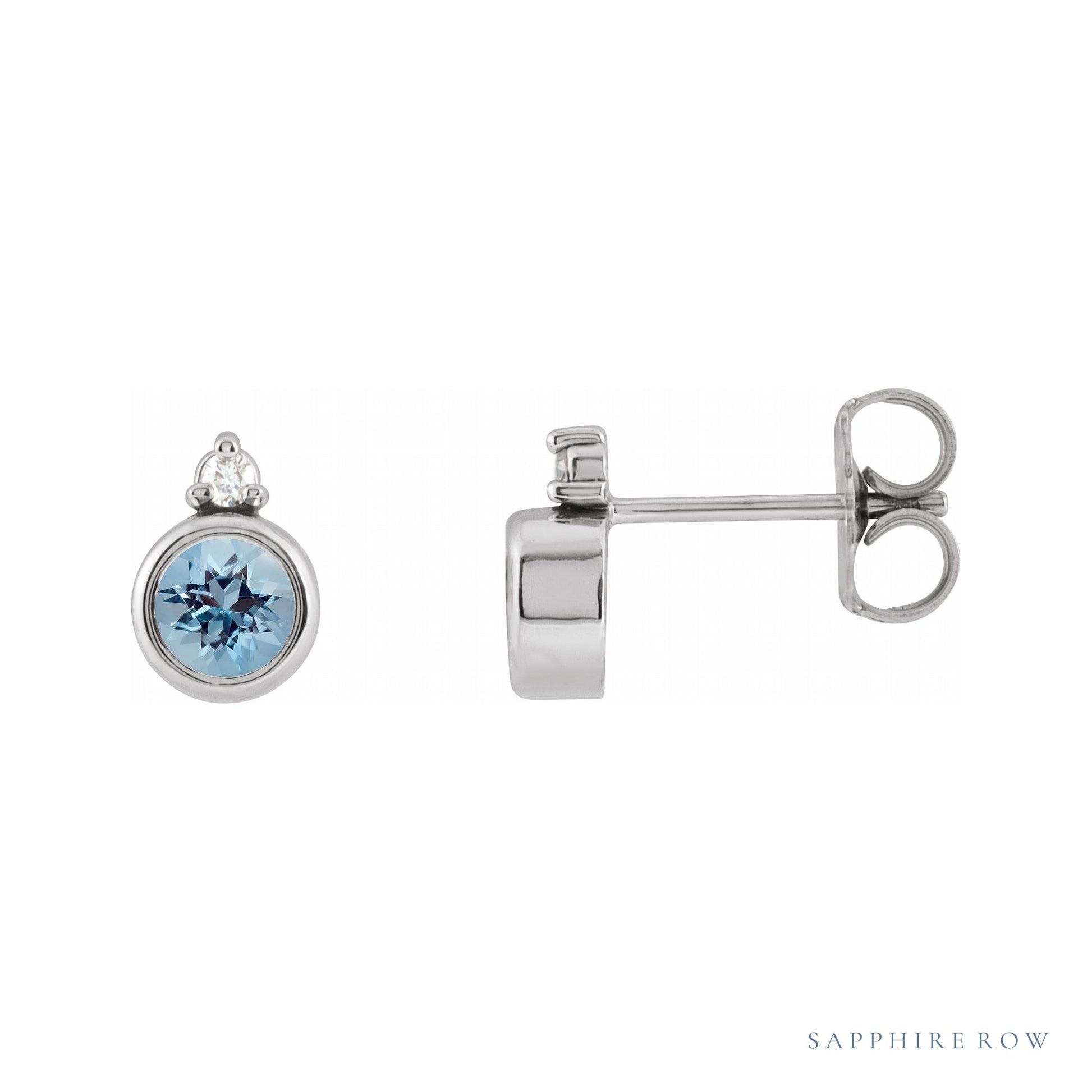 Sapphire Row Natural Gemstone Accented Bezel Earrings - Aquamarine, 14K White Gold, 4 mm