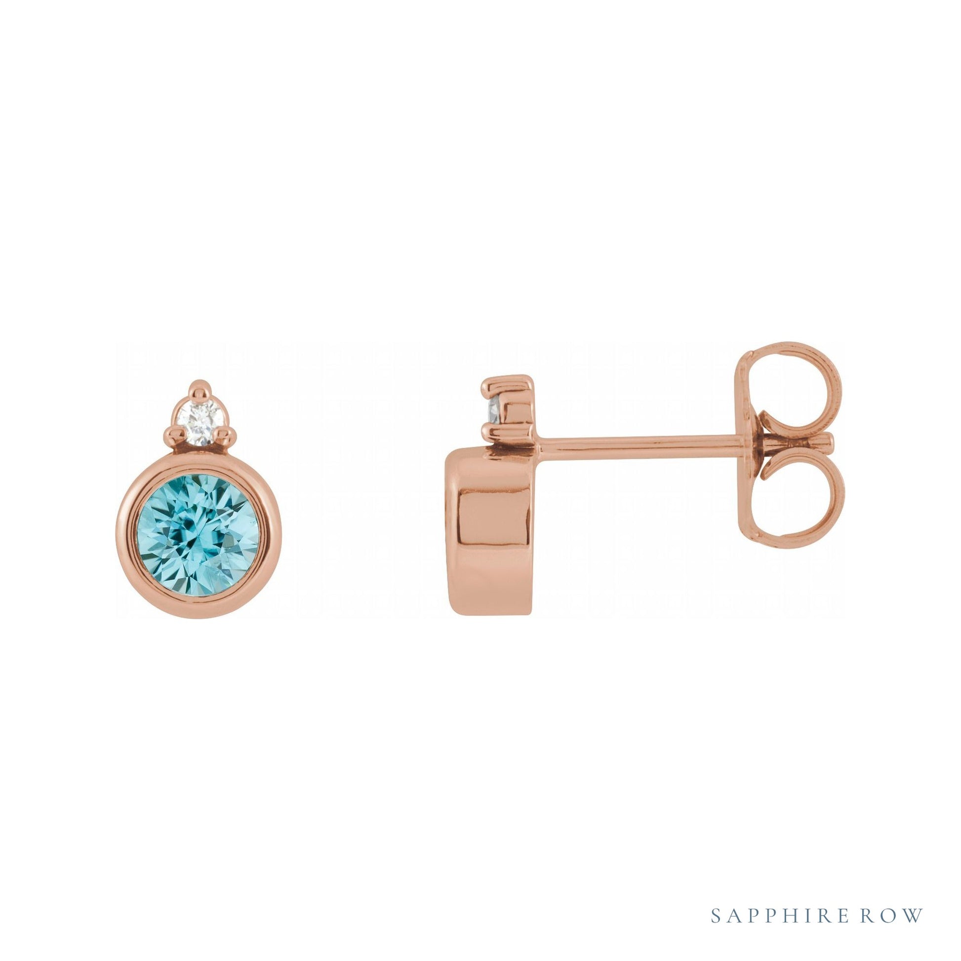 Sapphire Row Natural Gemstone Accented Bezel Earrings - Blue Zircon, 14K Rose Gold, 4 mm
