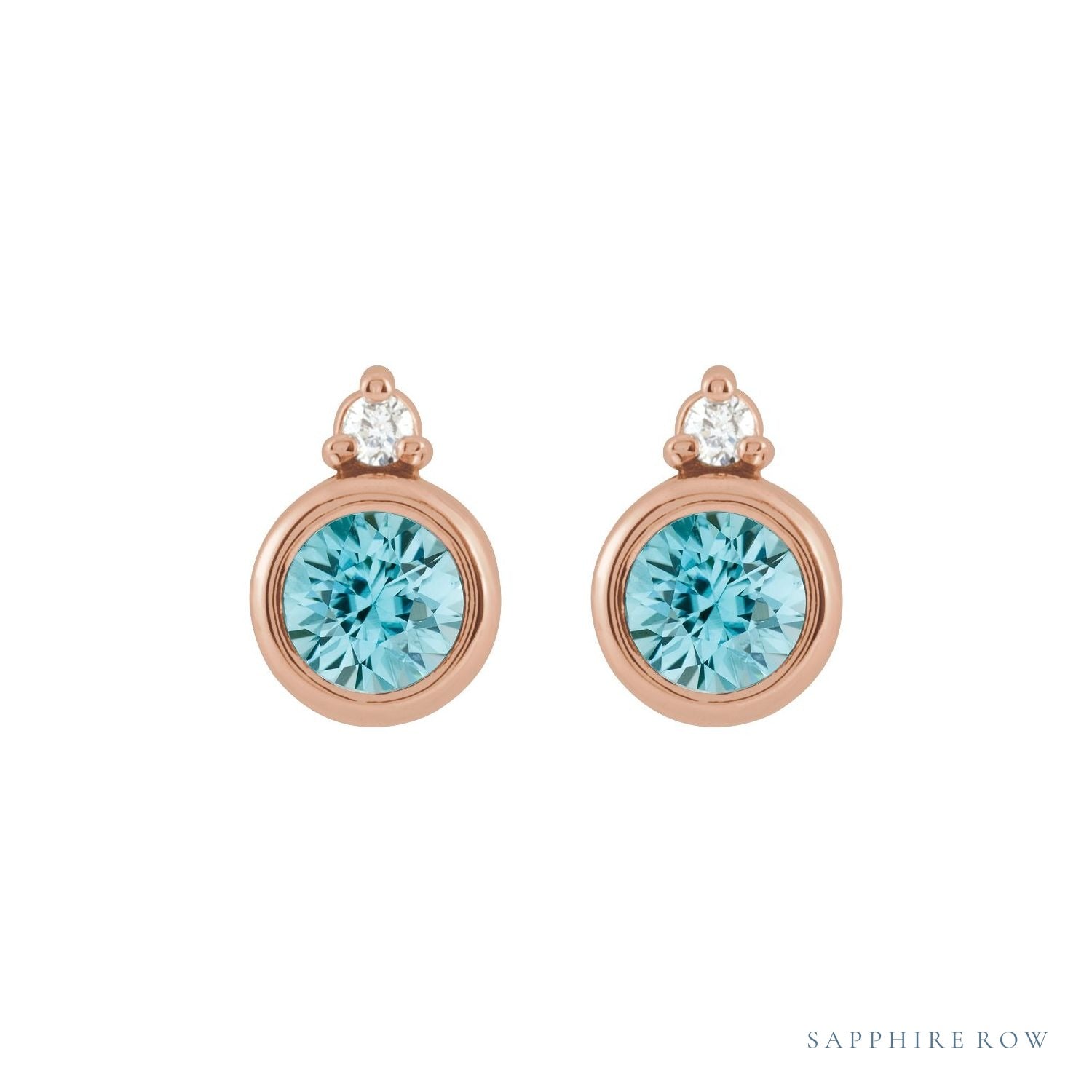 Sapphire Row Natural Gemstone Accented Bezel Earrings - Blue Zircon, 14K Rose Gold, 4 mm (view 2)