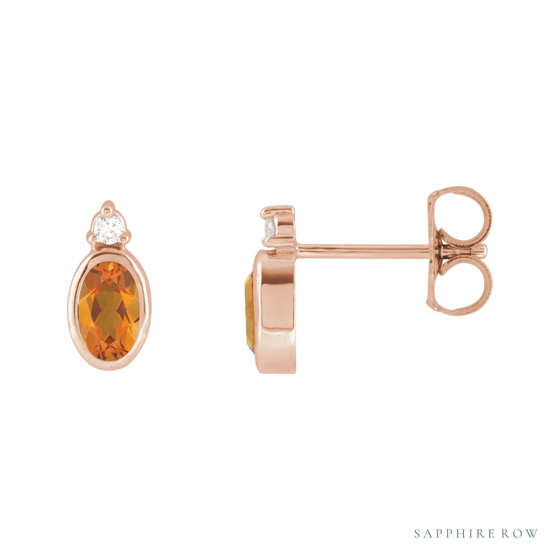 Sapphire Row Natural Gemstone Accented Bezel Earrings - Citrine, 14K Rose Gold, 5 x 3 mm