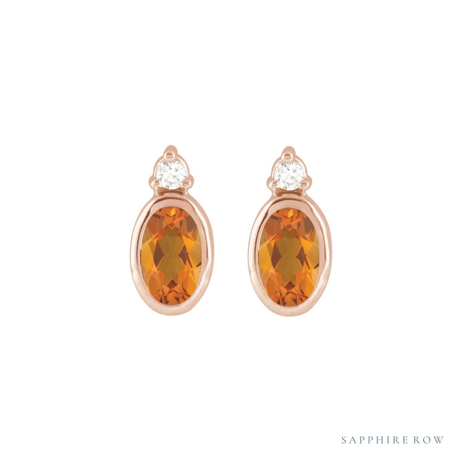 Sapphire Row Natural Gemstone Accented Bezel Earrings - Citrine, 14K Rose Gold, 5 x 3 mm (view 2)