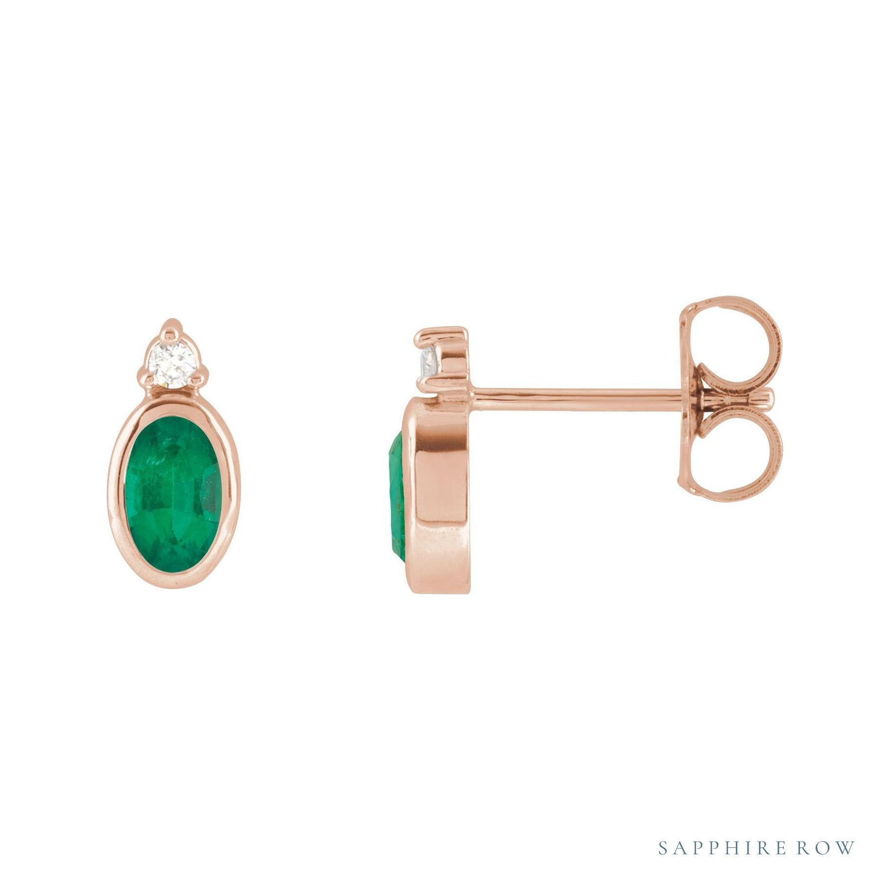 Sapphire Row Natural Gemstone Accented Bezel Earrings - Emerald, 14K Rose Gold, 5 x 3 mm