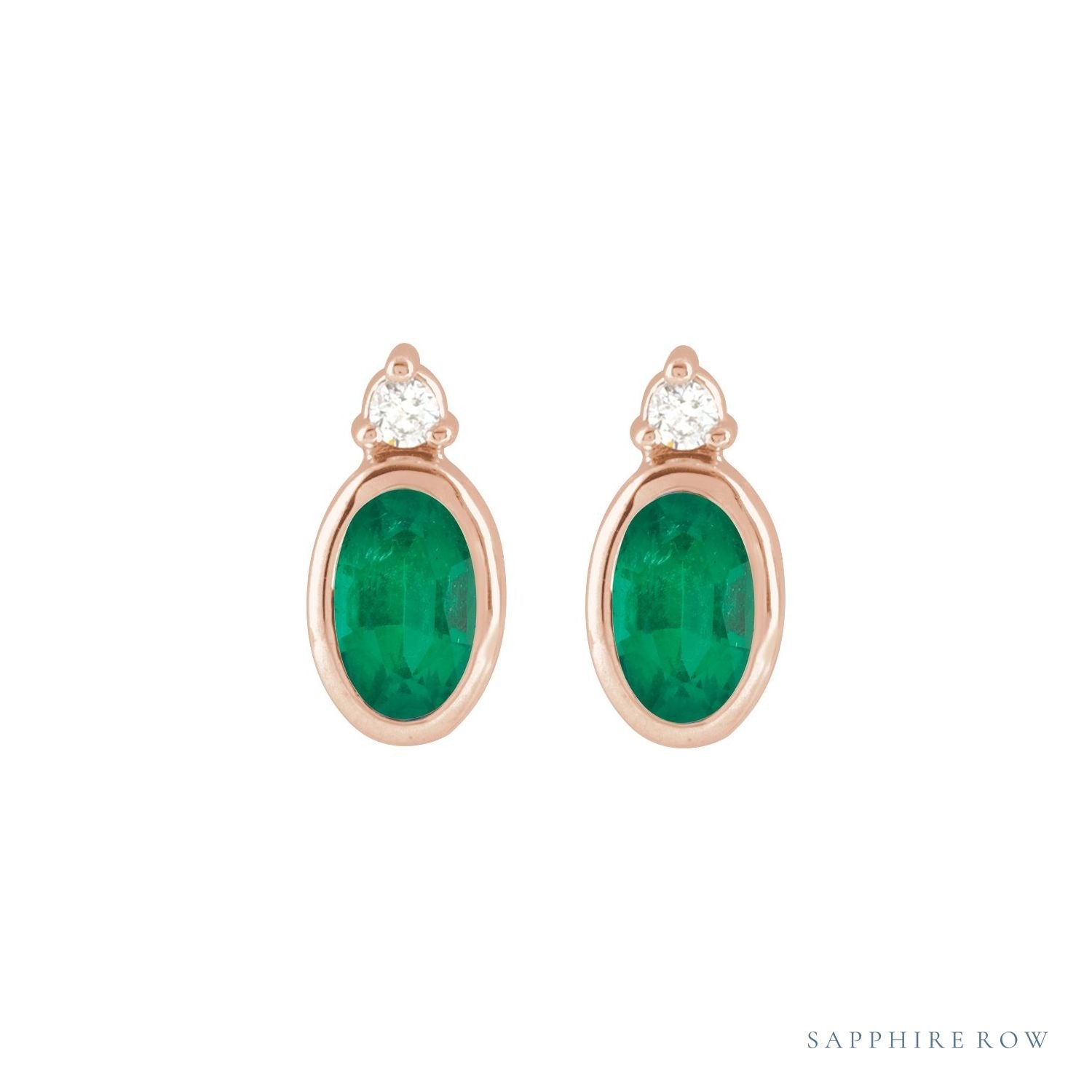 Sapphire Row Natural Gemstone Accented Bezel Earrings - Emerald, 14K Rose Gold, 5 x 3 mm (view 2)