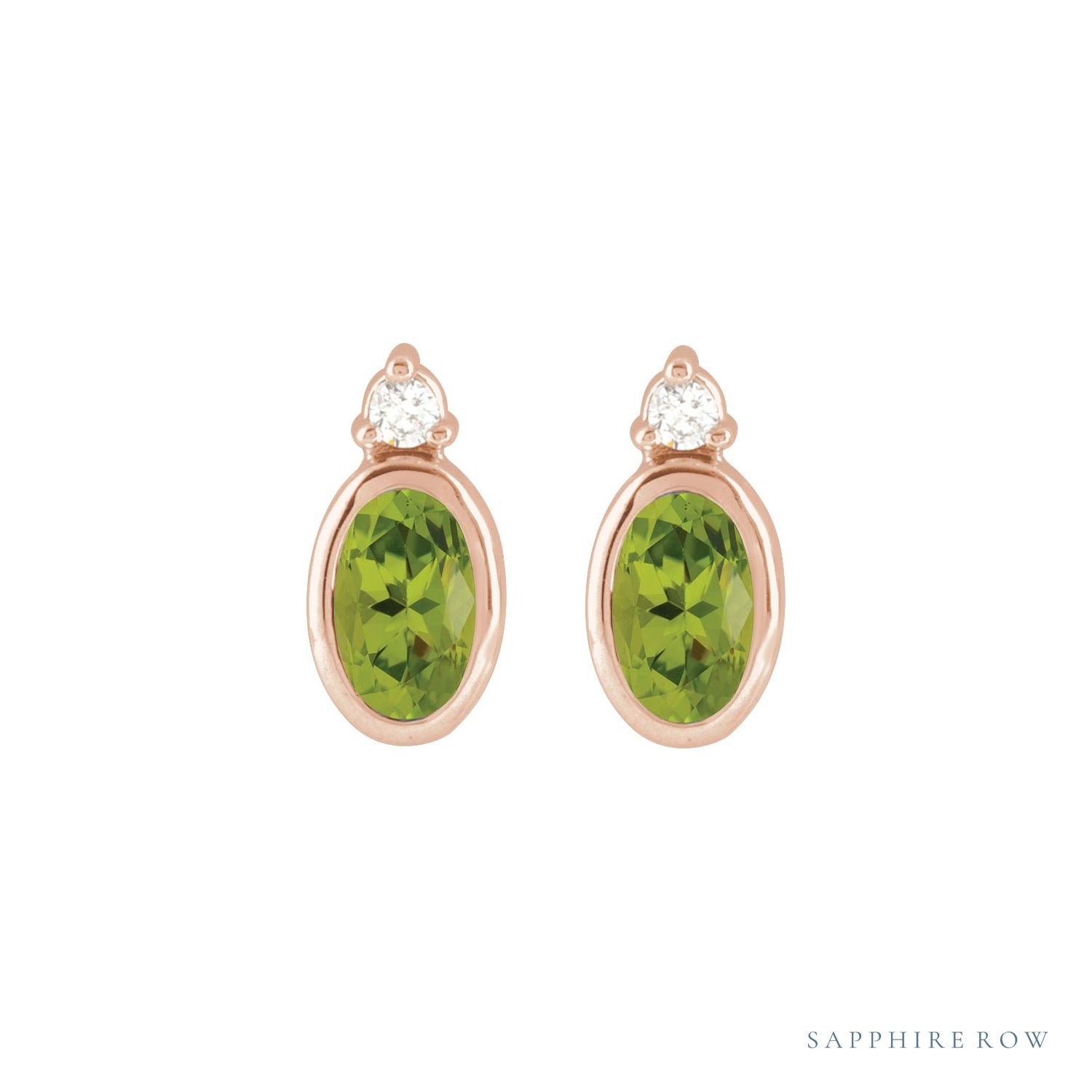 Sapphire Row Natural Gemstone Accented Bezel Earrings - Peridot, 14K Rose Gold, 5 x 3 mm (view 2)