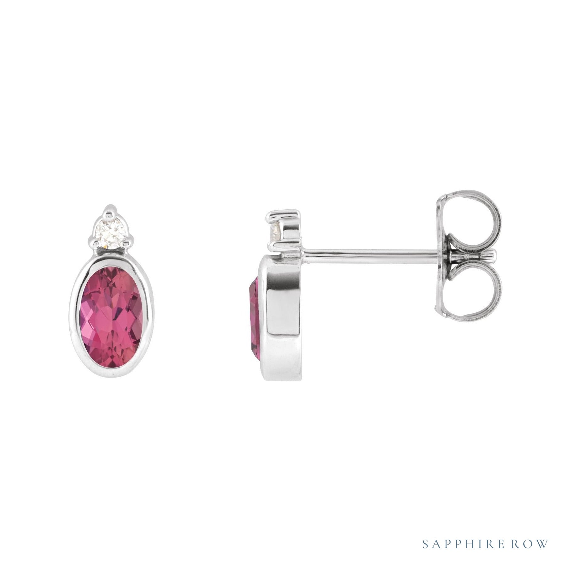 Sapphire Row Natural Gemstone Accented Bezel Earrings - Pink Tourmaline, 14K White Gold, 5 x 3 mm