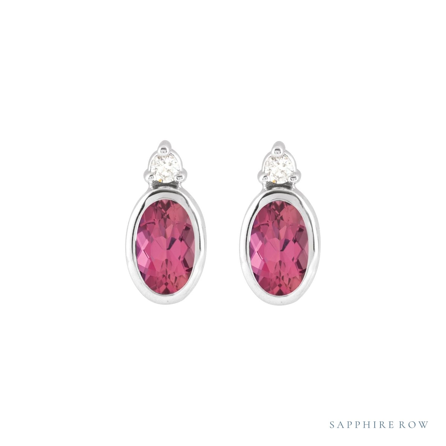 Sapphire Row Natural Gemstone Accented Bezel Earrings - Pink Tourmaline, 14K White Gold, 5 x 3 mm (view 2)