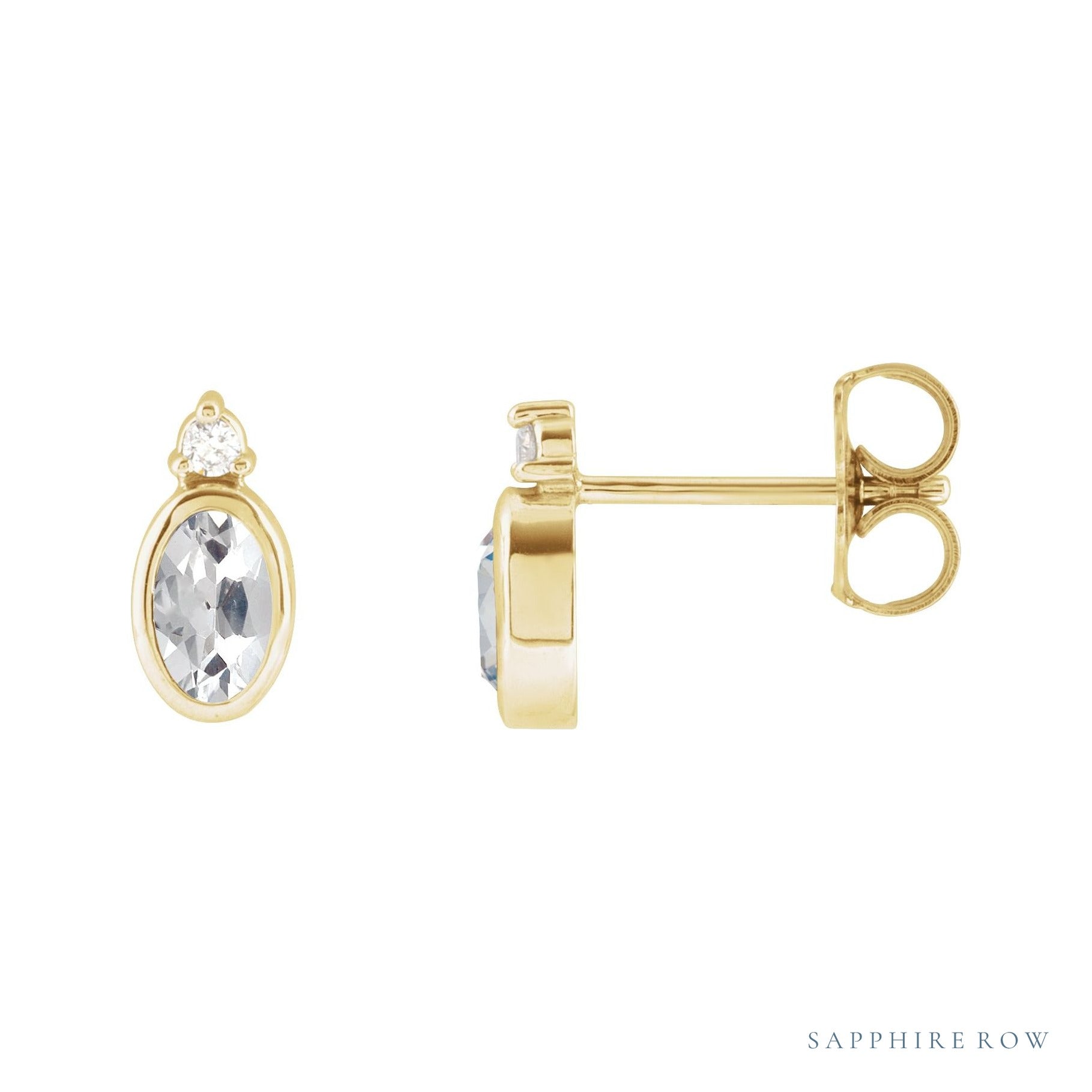 Sapphire Row Natural Gemstone Accented Bezel Earrings - White Sapphire, 14K Yellow Gold, 5 x 3 mm