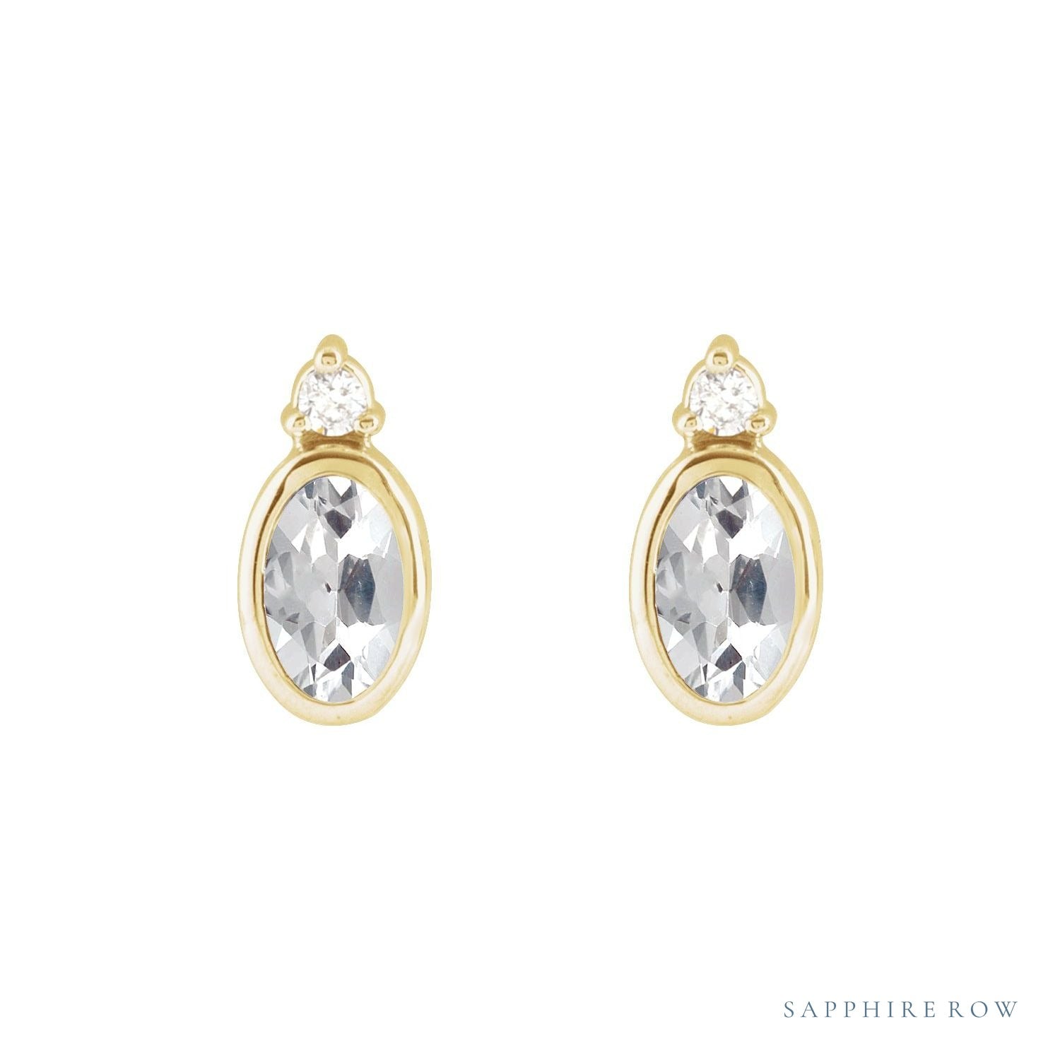 Sapphire Row Natural Gemstone Accented Bezel Earrings - White Sapphire, 14K Yellow Gold, 5 x 3 mm (view 2)