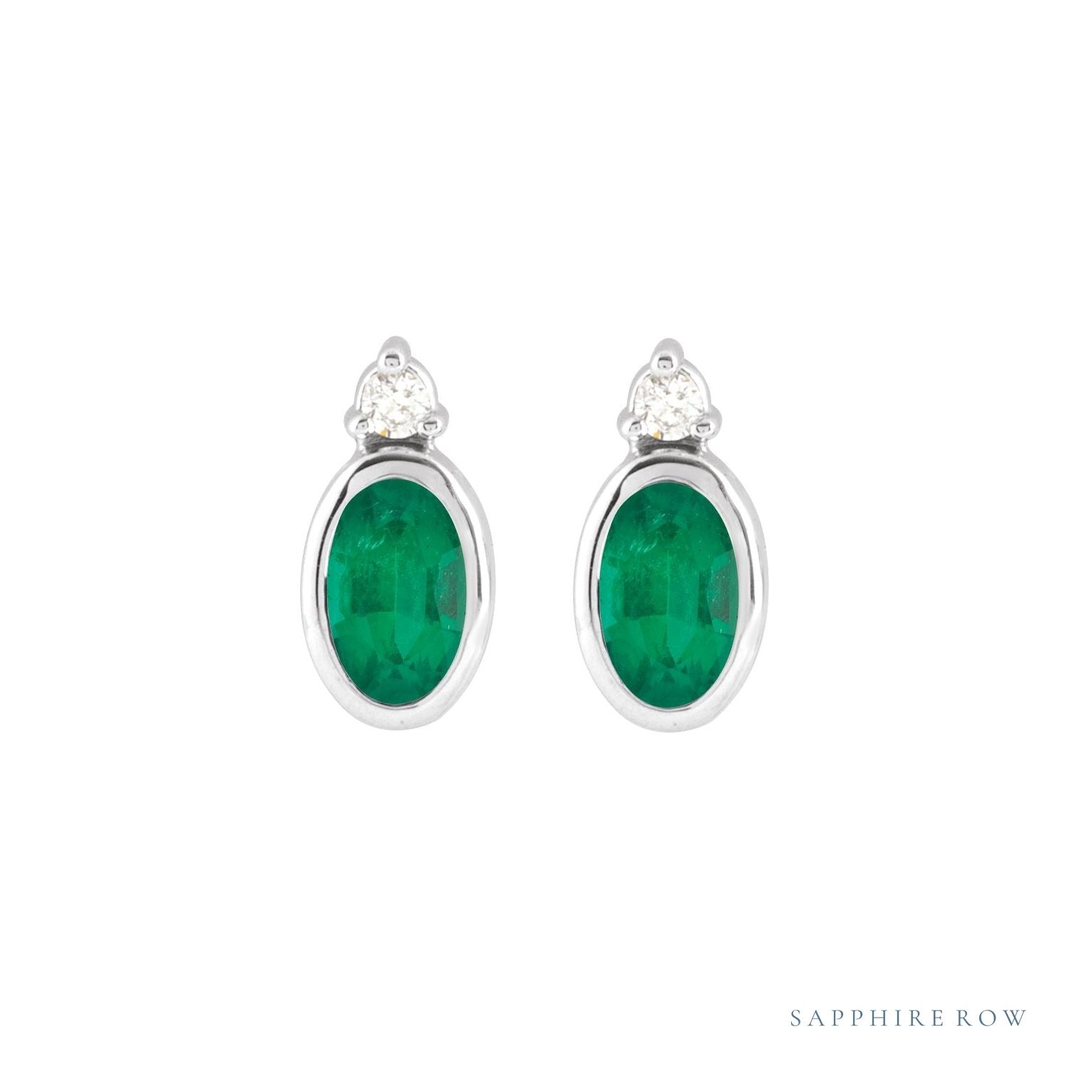 Sapphire Row Natural Gemstone Accented Bezel Earrings - Emerald, Platinum, 5 x 3 mm (view 2)