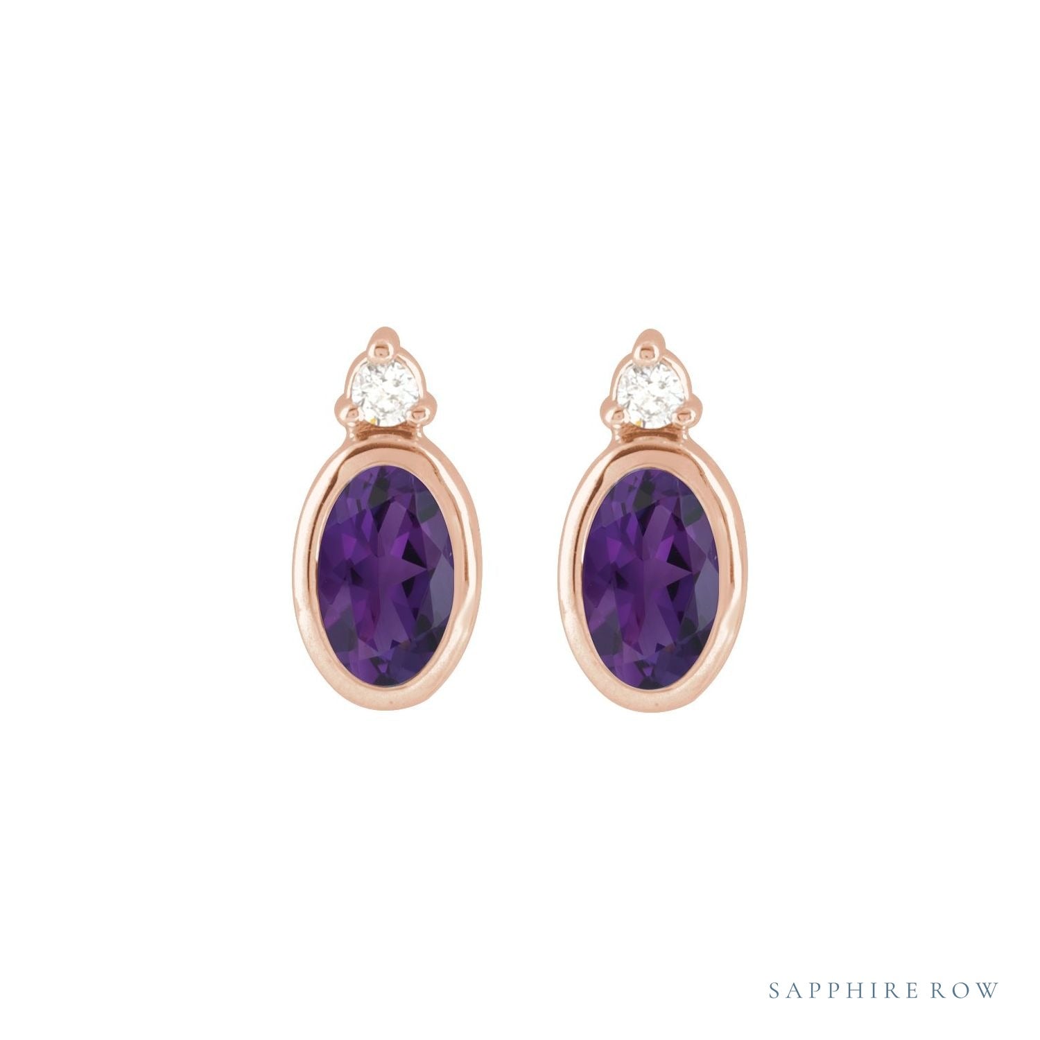 Sapphire Row Natural Gemstone Accented Bezel Earrings - Amethyst, 14K Rose Gold, 5 x 3 mm (view 2)