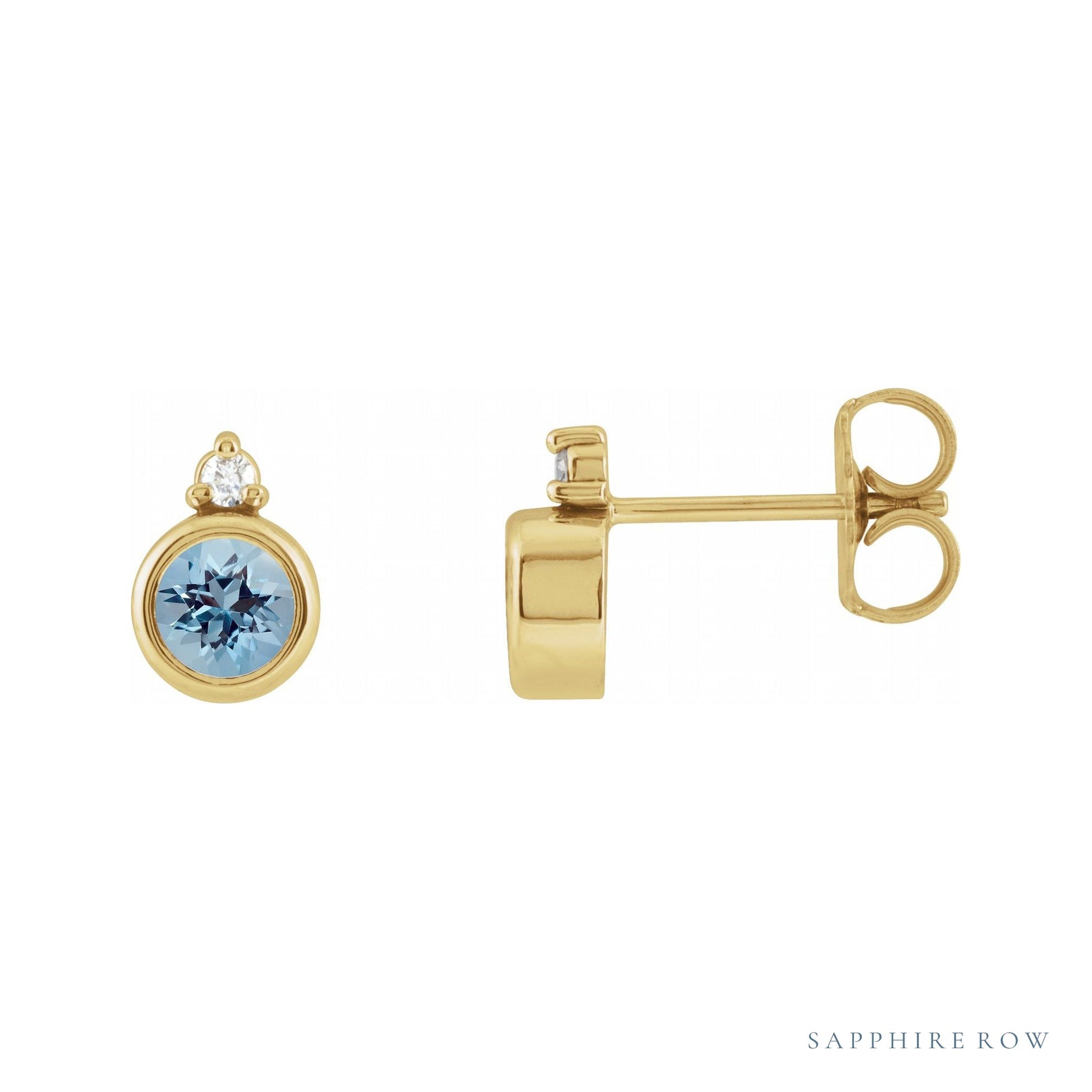 Sapphire Row Natural Gemstone Accented Bezel Earrings - Aquamarine, 14K Yellow Gold, 4 mm