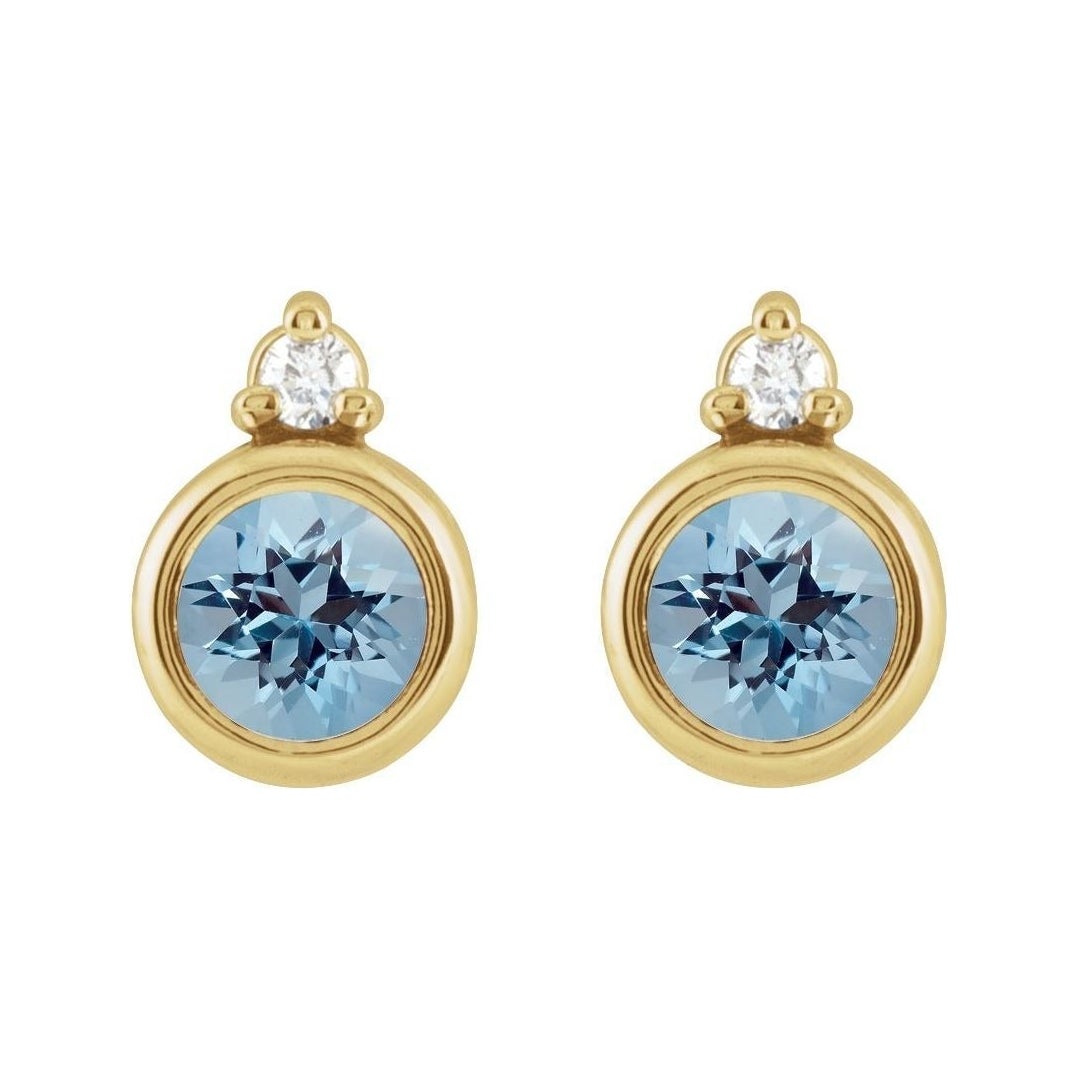 Sapphire Row Natural Gemstone Accented Bezel Earrings - Aquamarine, 14K Yellow Gold, 4 mm (view 2)