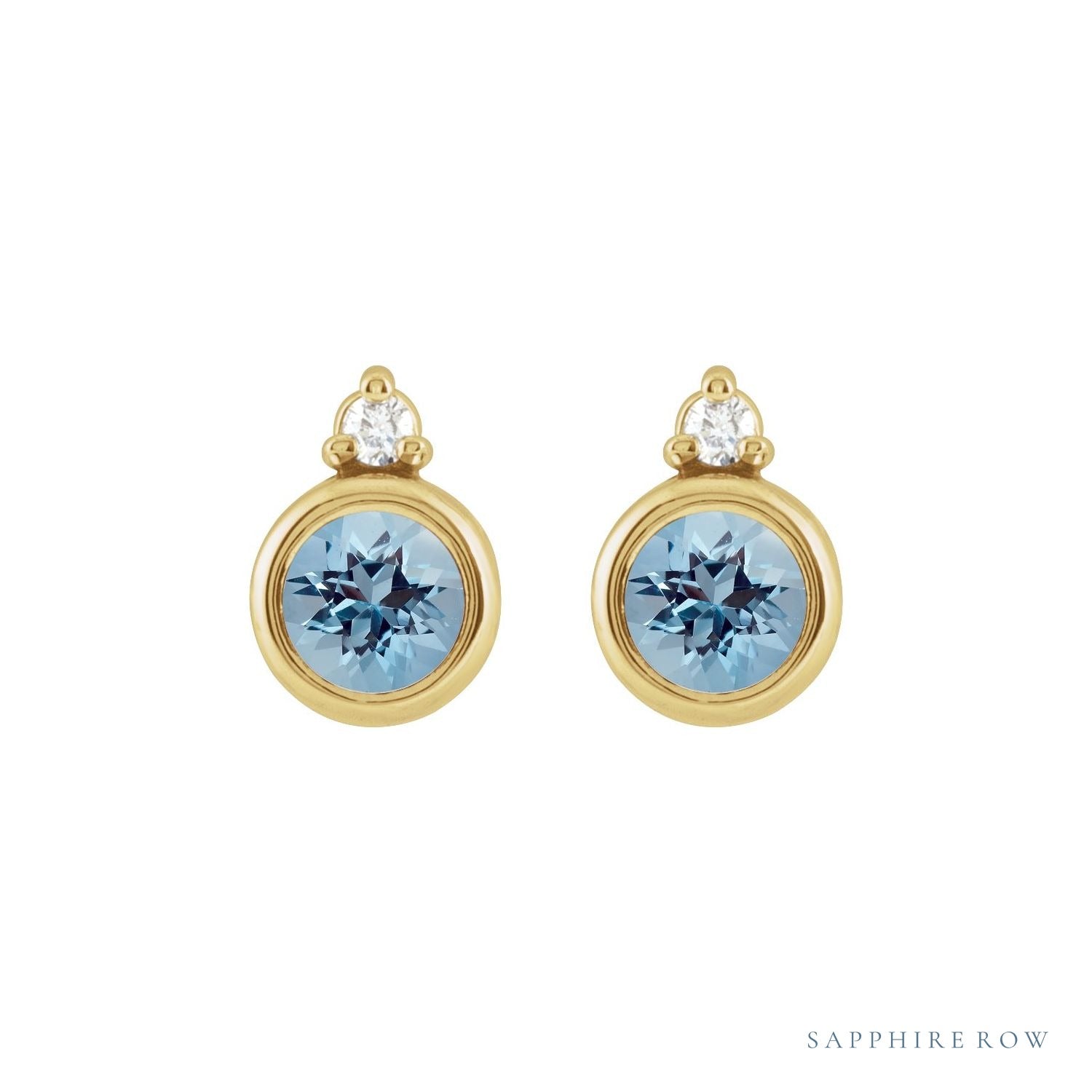 Sapphire Row Natural Gemstone Accented Bezel Earrings - Aquamarine, 14K Yellow Gold, 4 mm (view 2)